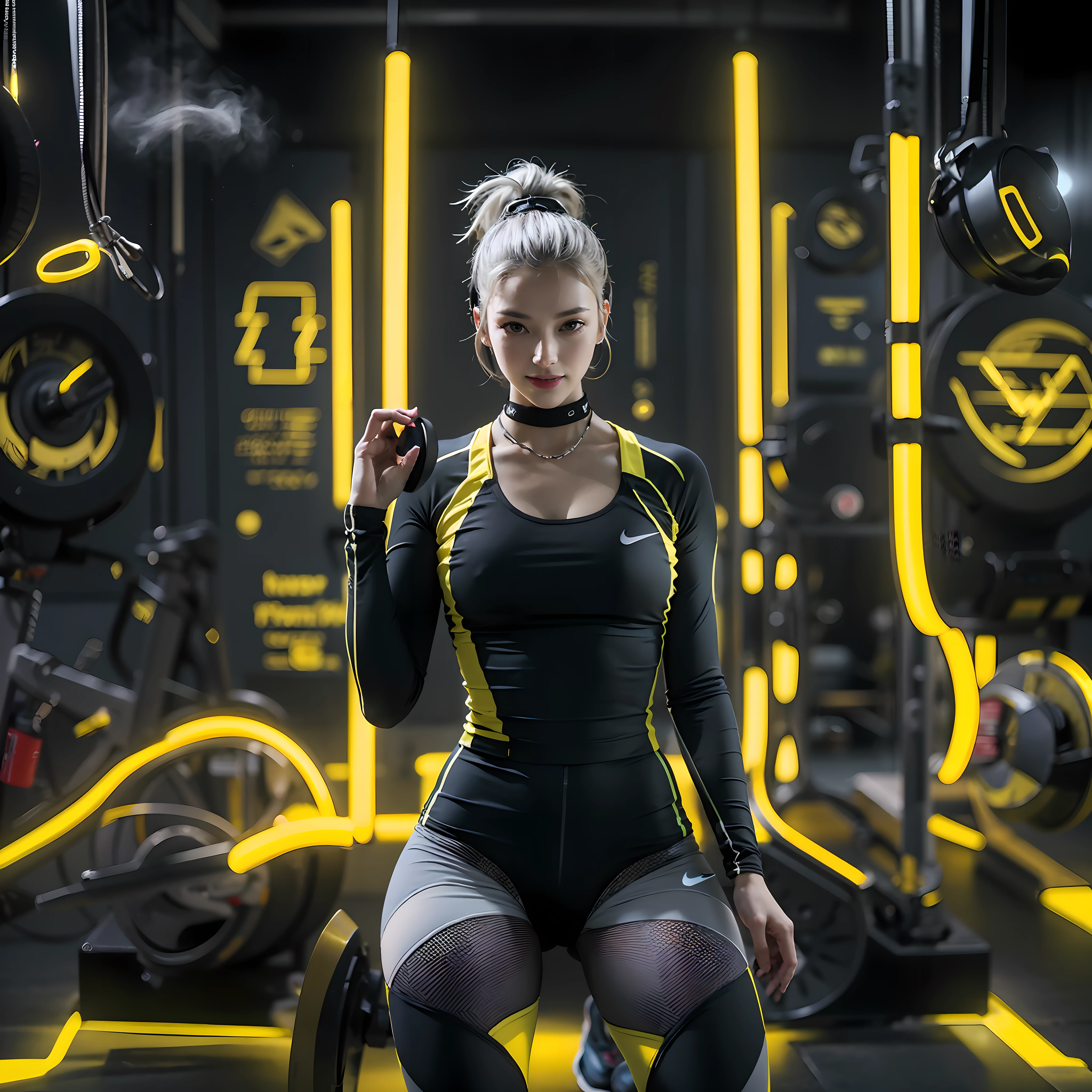 Best quality,tmasterpiece,Ultra-high resolution fills the picture,Inside the gym,Sporty girl,Night indoor black and yellow background color scheme,Neon lights,Sports tights,Sportswear,Yellow and black tracksuits,Liquid color matching clothing,the complex background,Weight instruments in the background,High-tech screen in the background,Lateral face,Smiling,Dress less,There are fitness elements in the rear,Nike brand,Tech gym,Various sports accessories,Various gym scenes,Perfect makeup,Love eyes,8K quality,Cyberpunk,sense of science and technology,Character backlighting,rim-light,Movement changes,Flowing hairstyle,Loose hairstyle,Silvery-white hair,The number of fingers is refined,Luminous stud earrings and luminescent digital necklace,Wear an electronic digital watch,Sports headphones,The most beautiful girl in mankind,Dye hair,Delicate close-up of the face,The overall picture is yellow and black, And the color scheme is realistic and realistic,Super light and shadow,Very good figure,English slogan neon,Runway lights