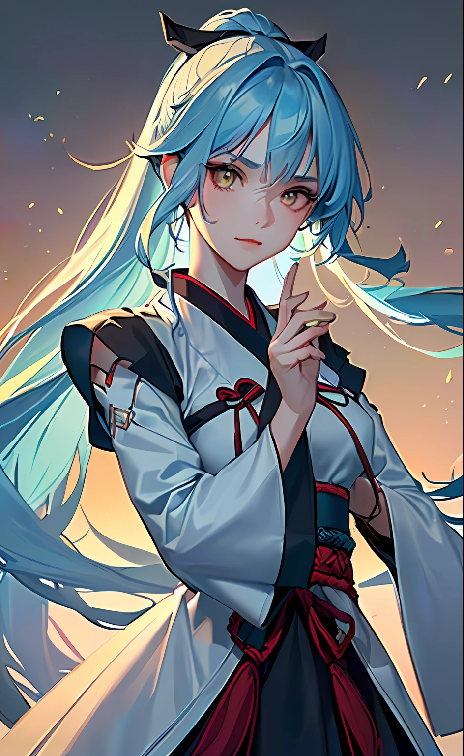 (realisticlying:1.3), tmasterpiece, best qualtiy, (complexdetails:1.2), (scenecy:1.3), beauitful face, (Black Themes:1.3),
(((1girl,A girl wearing a patterned Hanfu,With a long sword in her hand,(Look at Vivier:1.3),
)))lightblue hair,with a determined look in his eyes,Yellow eyes,Keep one's mouth shut,Long hair with a high ponytail