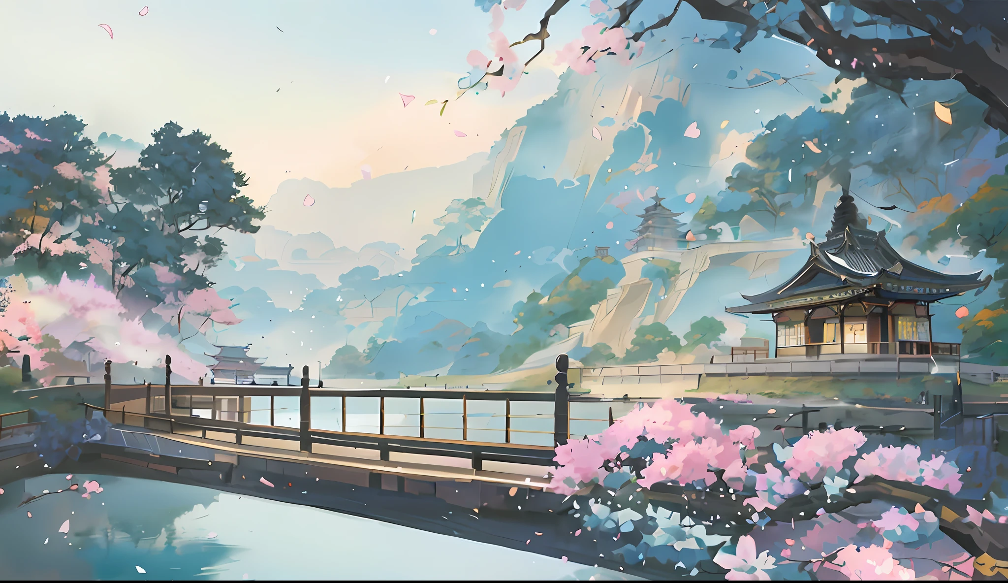 Painting of a bridge over the river，In the background is a pagoda, Beautiful art UHD 4 K, Detailed painting 4 K, landscape artwork, anime landscape wallpapers, Anime landscape, anime beautiful peace scene, scenery art detailed, Anime art wallpaper 4k, digital painting of a pagoda, Anime art wallpaper 4 K, Anime background art, Anime art wallpaper 8 K