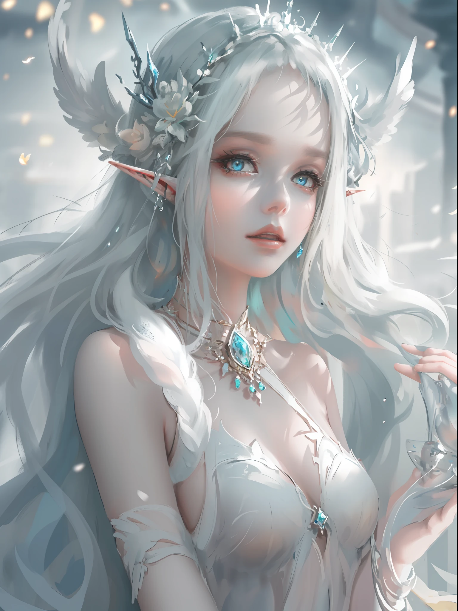 1 woman with a crown, Beautiful and elegant elf princess, Guviz, Fantasy art style, 8K high quality detailed art, Seductive elf princess, digital fantasy art , beautiful elven princess, beautiful and elegant female elf,(Perfect full-body portrait,tilt of the head,BREAK BREAK BREAK,),(WLOP painter style,glitters,Blue sparkling eyeshadow), (long white hair,White-colored skin,Elf Girl,The skin is translucent white,sparkle in eyes,The elves were dressed in pure white),beautiful face,(Lonely pale face),facing to audience,Particle,Glow,Guviz-style artwork, Phlegm phlegm art,(Volumetriclighting),atmosphric perspective,dust particle,Axis,(big breasts and big breasts_Foxy:0.7),m_Phlegm sputum, phlegm,(big breasts and big breasts_landscape:0.7)