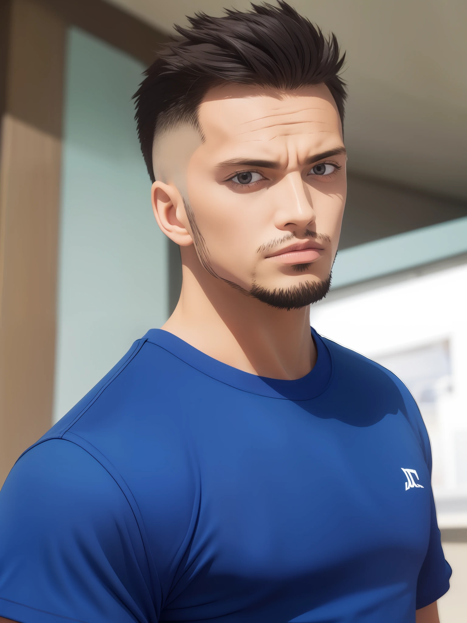 male people,short detailed hair,largeeyes,blue tshirts