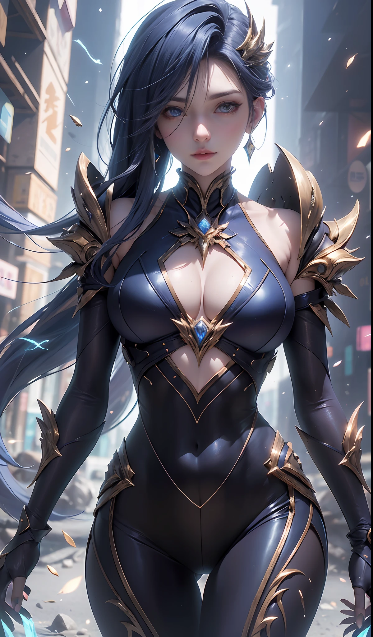 Numerical analysis, style of anime, woman, The elemental mage is engulfed in blue flames and yellow lightning, Color chaos, gold and ice tones, depth of fields, big breasts beautiful,Raised sexy,perfect body figure,Exposes thigh skin,cyber punk style, highly detailed, hyper realisitc, cinmatic lighting, Pubic area is clear, the space background, cinematic lighting soft, (The light from the back window is backlighted: 1.2), (blossom flower: 1.2), (brightlight: 1.1), (color difference: 1.2), Sharp focus, hight contrast , tmasterpiece, realisticlying,dynamicposes,(HighDynamicRange),Ray traching,NVIDIA RTX,Hyper-Resolution,Unreal 5,Subsurface scattering、PBR Texture、post-proces、Anisotropy Filtering、depth of fields、maximum definition and sharpness、Many-Layer Textures、Albedo e mapas Speculares、Surface coloring、Accurate simulation of light-material interactions、perfectly proportions、rendering by octane、Two-colored light、largeaperture、Low ISO、White balance、the rule of thirds、8K raw data、surrealism, shadowing,Face the lens。