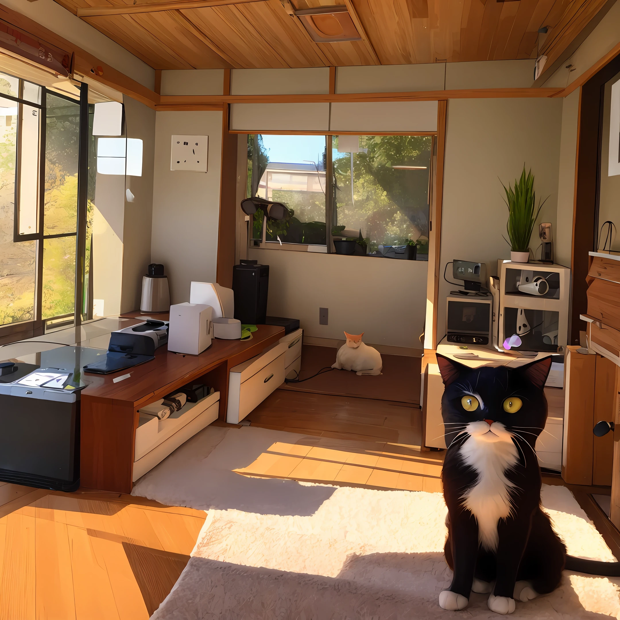 Cat wearing headphones in front of Japanese bedroom