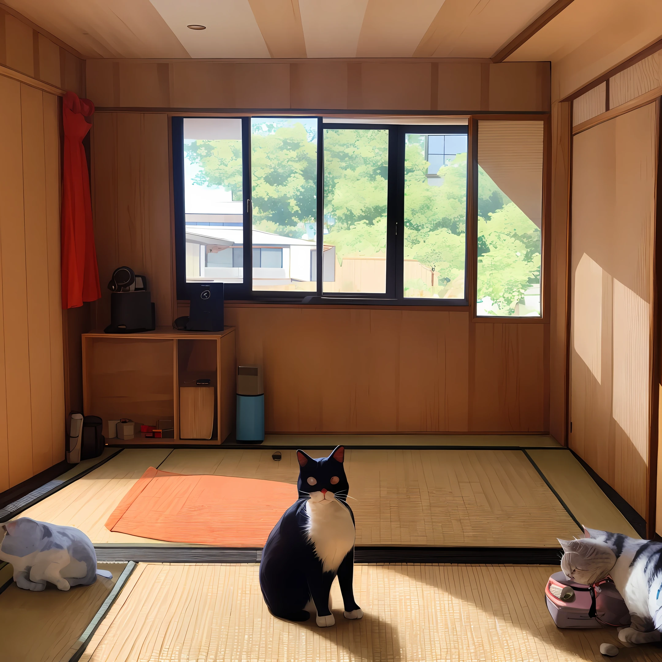 Cat wearing headphones in front of Japanese bedroom