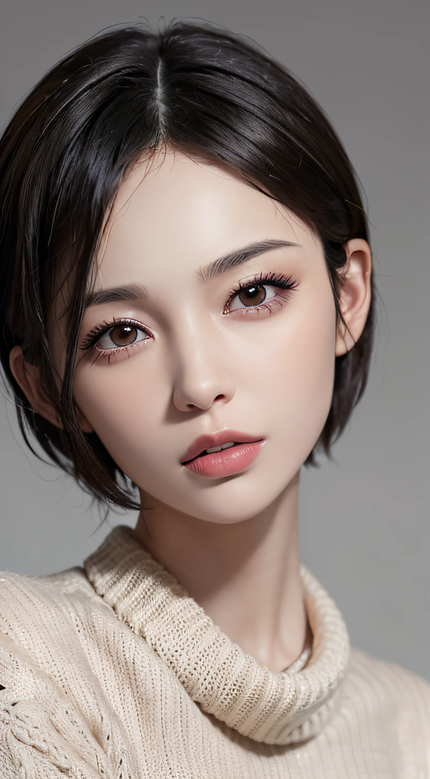 (masterpiece:1.3), (8k, photorealistic, RAW photo, best quality: 1.4), (1girl), beautiful face, (realistic face), (black hair, short hair:1.3), Nice hairstyle,photorealistic eye,Nice detail eyes,(Realistic skin),Beautiful skins,Nice white sweater,not too exposed,Don't show your fingers,enticing,超高分辨率,Ultra photo realsisim,The is very detailed,the golden ratio