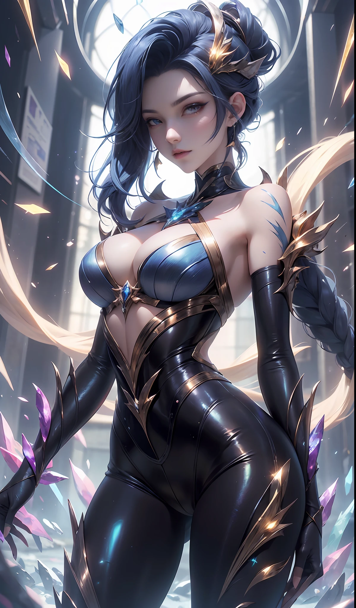 Numerical analysis, style of anime, woman, The elemental mage is engulfed in blue flames and yellow lightning, Color chaos, gold and ice tones, depth of fields, big breasts beautiful,Raised sexy,perfect body figure,Exposes thigh skin,cyber punk style, highly detailed, hyper realisitc, cinmatic lighting, Pubic area is clear, the space background, cinematic lighting soft, (The light from the back window is backlighted: 1.2), (blossom flower: 1.2), (brightlight: 1.1), (color difference: 1.2), Sharp focus, hight contrast , tmasterpiece, realisticlying,dynamicposes,(HighDynamicRange),Ray traching,NVIDIA RTX,Hyper-Resolution,Unreal 5,Subsurface scattering、PBR Texture、post-proces、Anisotropy Filtering、depth of fields、maximum definition and sharpness、Many-Layer Textures、Albedo e mapas Speculares、Surface coloring、Accurate simulation of light-material interactions、perfectly proportions、rendering by octane、Two-colored light、largeaperture、Low ISO、White balance、the rule of thirds、8K raw data、surrealism, shadowing,Face the lens。