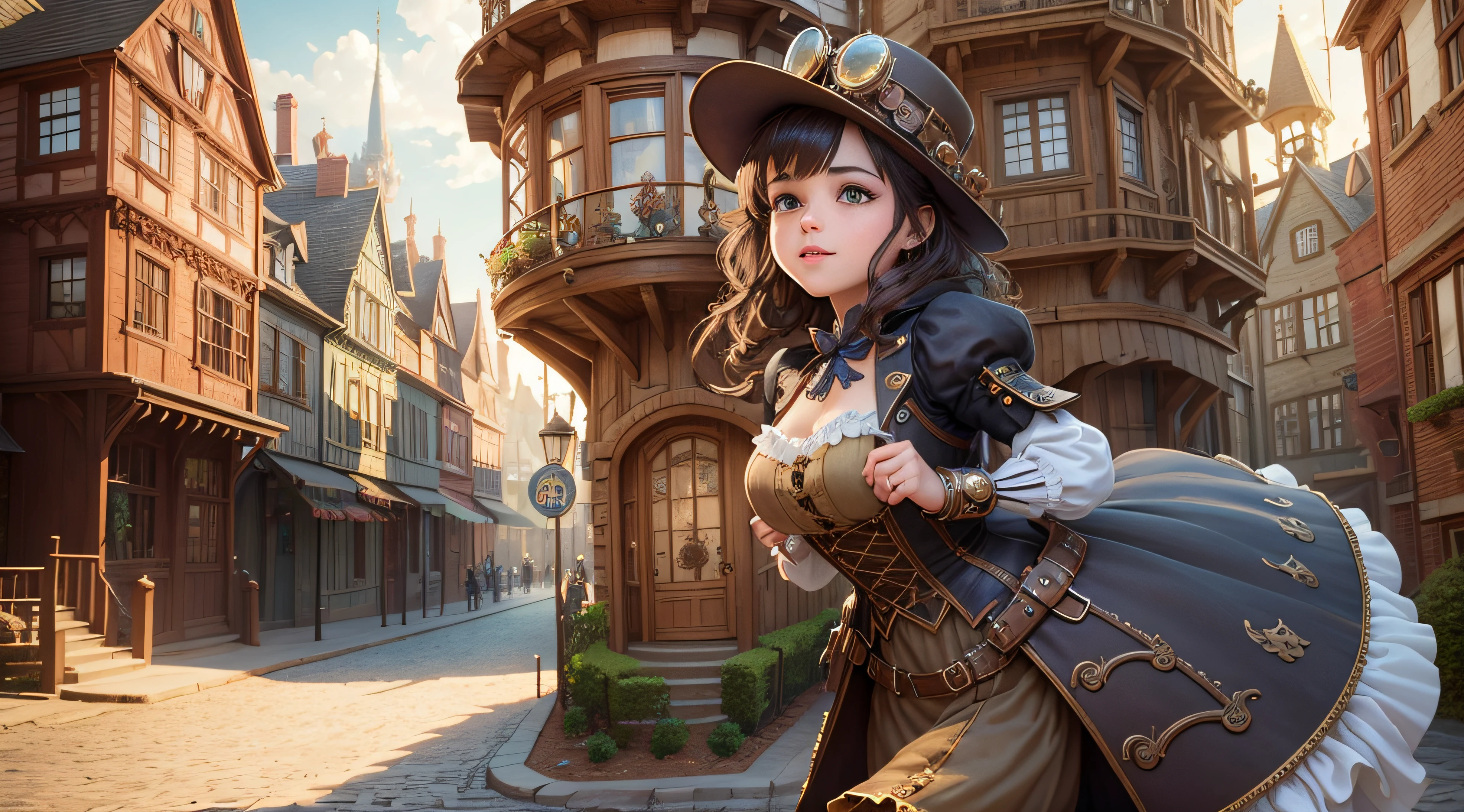 Step into a charming world of wonder, where a whimsical 3D-rendered steampunk town emerges from a fantastical storybook, characters dressed in peculiar costumes engage in thrilling adventures, and a sense of childlike excitement fills the air, White Background, Artwork, combining steampunk elements with playful colors and elaborate textures, --ar 16:9 --v 5.