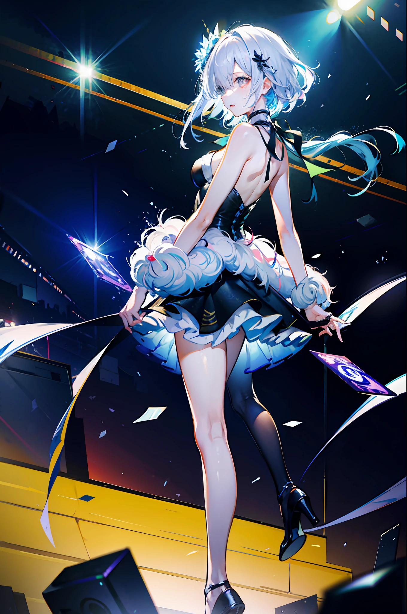 (best qualtiy,Wallpapers,8k,detailed back ground,A high resolution,absurderes,full bloom,messy hair,shinny hair,Exposure to light,Bright pupils),1girll,Focus on the legs,receiver,long whitr hair,silber hair,large_breasts,action_pose,standing on your feet,Behind the arm,stage,spotlight lights,glass ceilings,Shen He(the original god),hair_ornament,Hair is more than one eye,designer dress,dutch_angle,