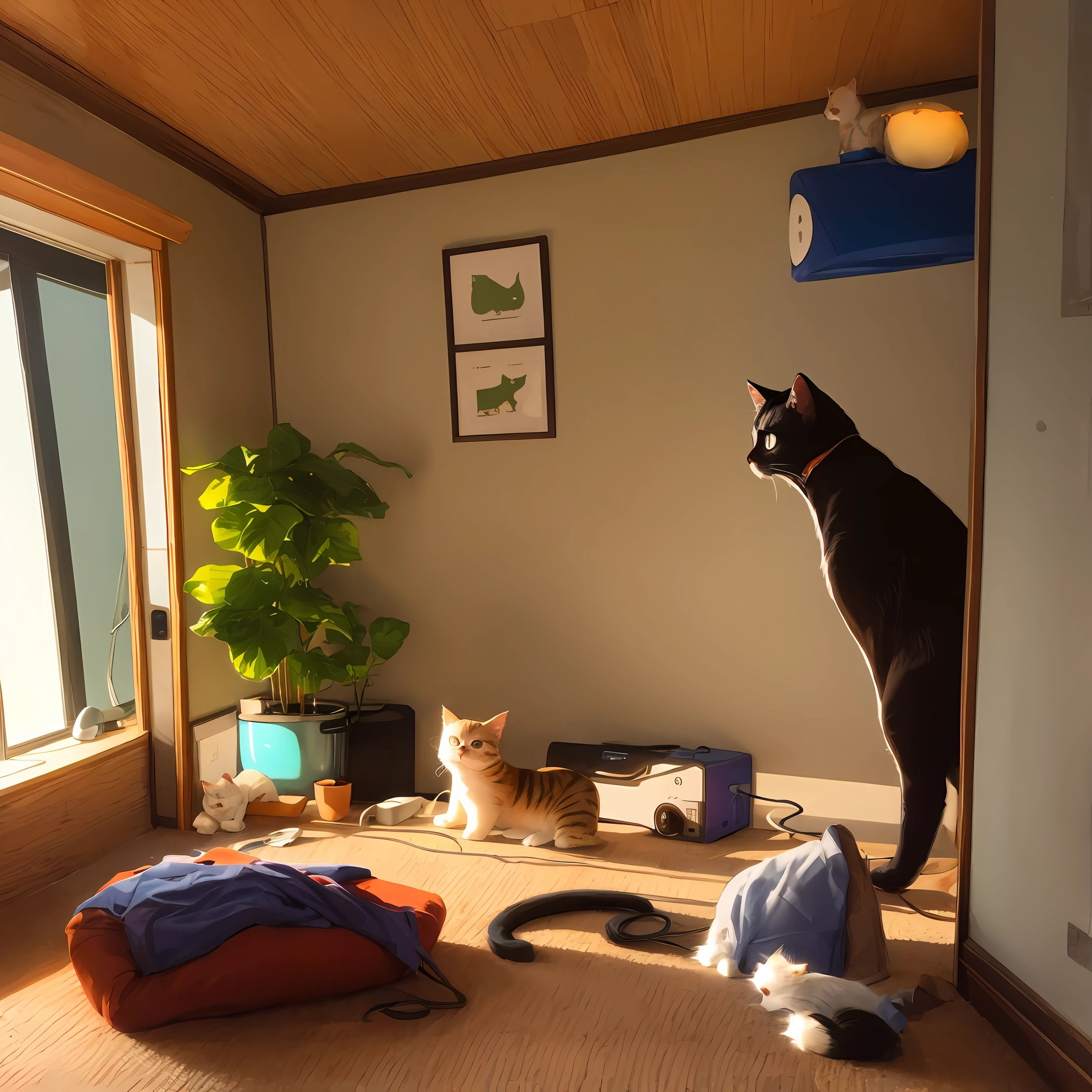 Cat wearing headphones in front of Japanese bedroom