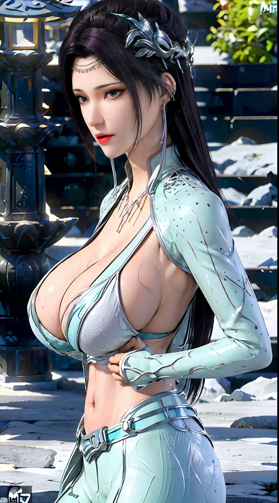 ((Unreal Engine 5)), Realistic Rendering, Excellent, ((mecha)), (Yoga Pants), looking on viewer, Dynamic pose, cyberpunk city, beautiful face, makeup, (photorealism:1.2), ultrarealistic uhd face, (huge fake boobs:1.4), (gigantic breasts:1.1), (muscle abs), (big butt), (wide hips), (thick thighs), slim waist, hourglass figure, ((glowing skin)), ((shiny skin)), Realistic body, ((she is sexy)), ((clean skin)), photorealistic, bokeh, masterpiece, highres, 1080P.