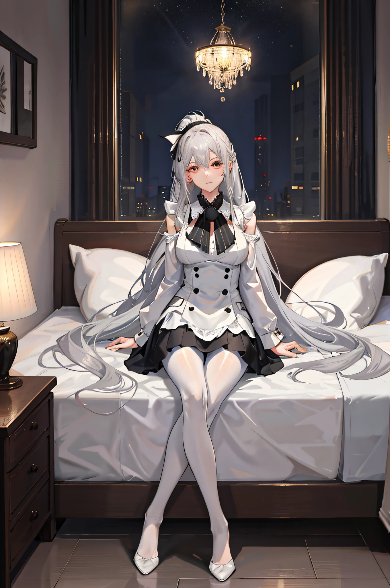 （（（1个Giant Breast Girl）），Ray traching，（dim murky lights），[detailedbackground（Bedrooms）），（（Silvery hair）），（（Silvery hair）），（（（（（Fluffy silver hair，plump and slender girl））Wears a high ponytail）））Avoid golden eyes in the ominous bedroom（（（（Girl wearing white pants with pantyhose，Pink maid outfit，Correct limbs，sit on a bed