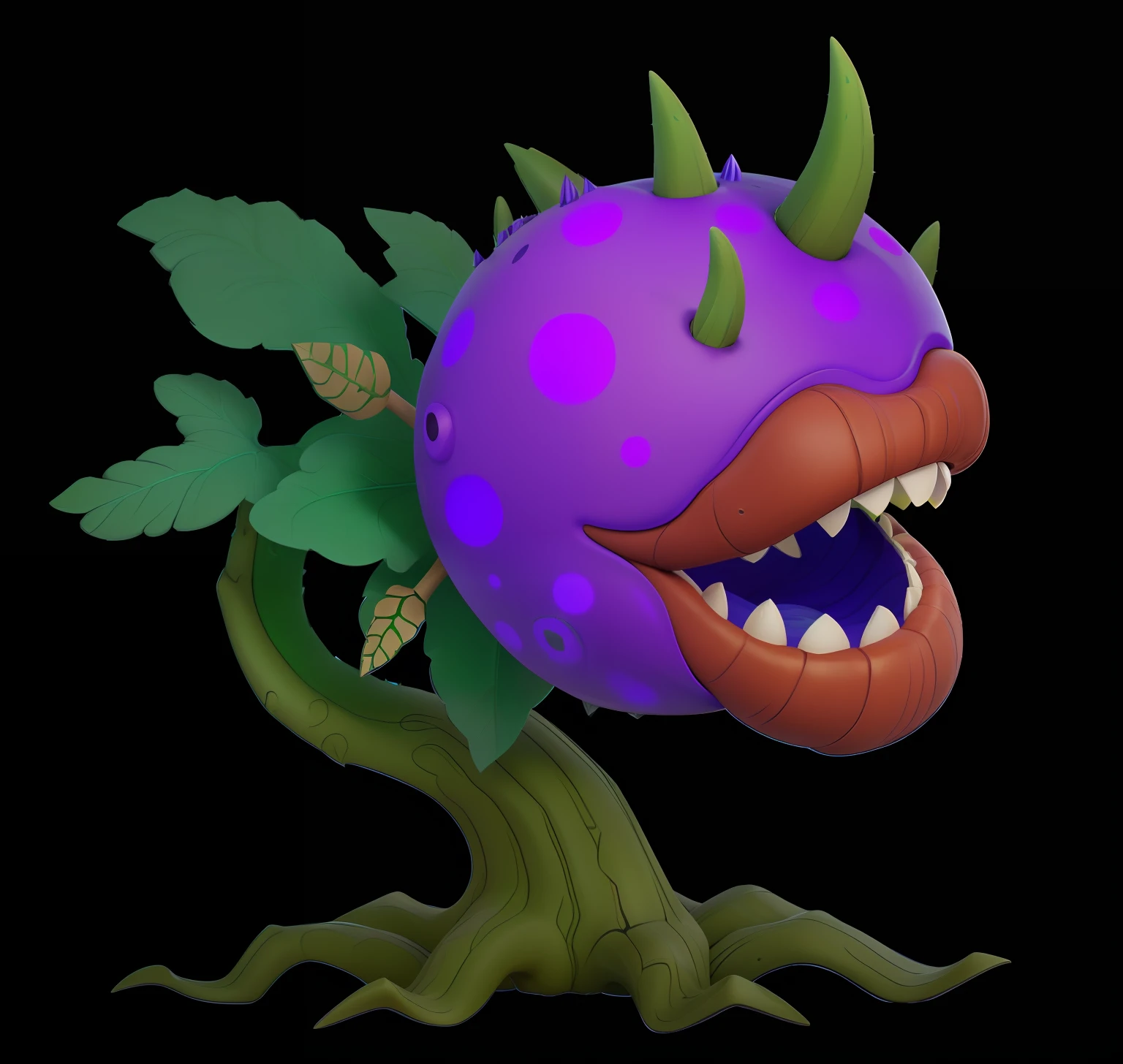 Close-up of purple and green monsters with green leaves, plant monster, plant monster, Ogre, exotic plants, rayman legends boss, a humanoid thistle monster, spiky skin, magical garden plant creatures, zerg, cacodemon, alien flora, stylized as a 3d render, large mouth, nightmare render