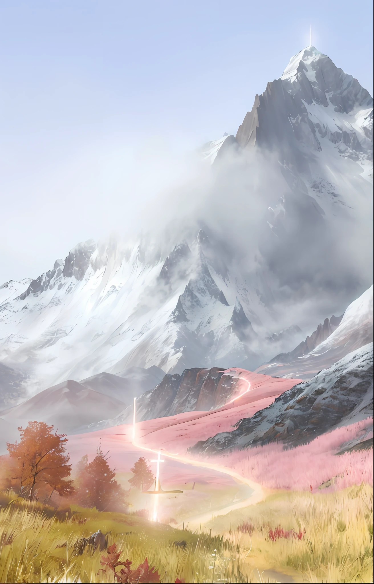 There is a trail through them in the mountains，There is a cross in the middle, pink landscape, highly detailed surreal vfx, beautiful landscape rendering, jessica rossier color scheme, 3 d virtual landscape painting, inspired by jessica rossier, mountain scene. cinematic Film still from, 4k hd matte digital painting, with a snowy mountain and ice, beautiful mattepainting