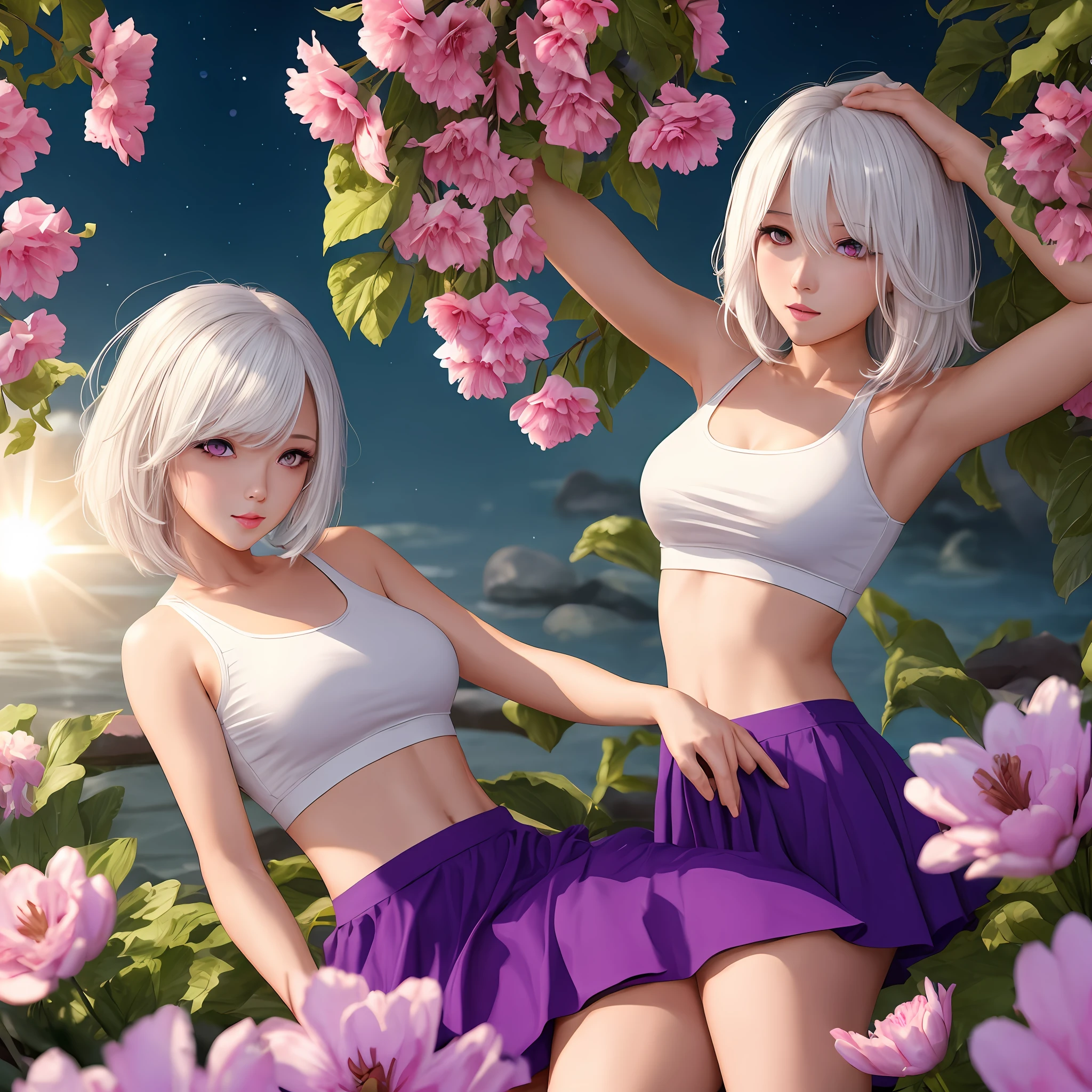 realistic, 1girl, white hair, purple eyes, glowing eyes, crop top, skirt, parted lips, blush, night, flowers, sun, sunlight, --auto