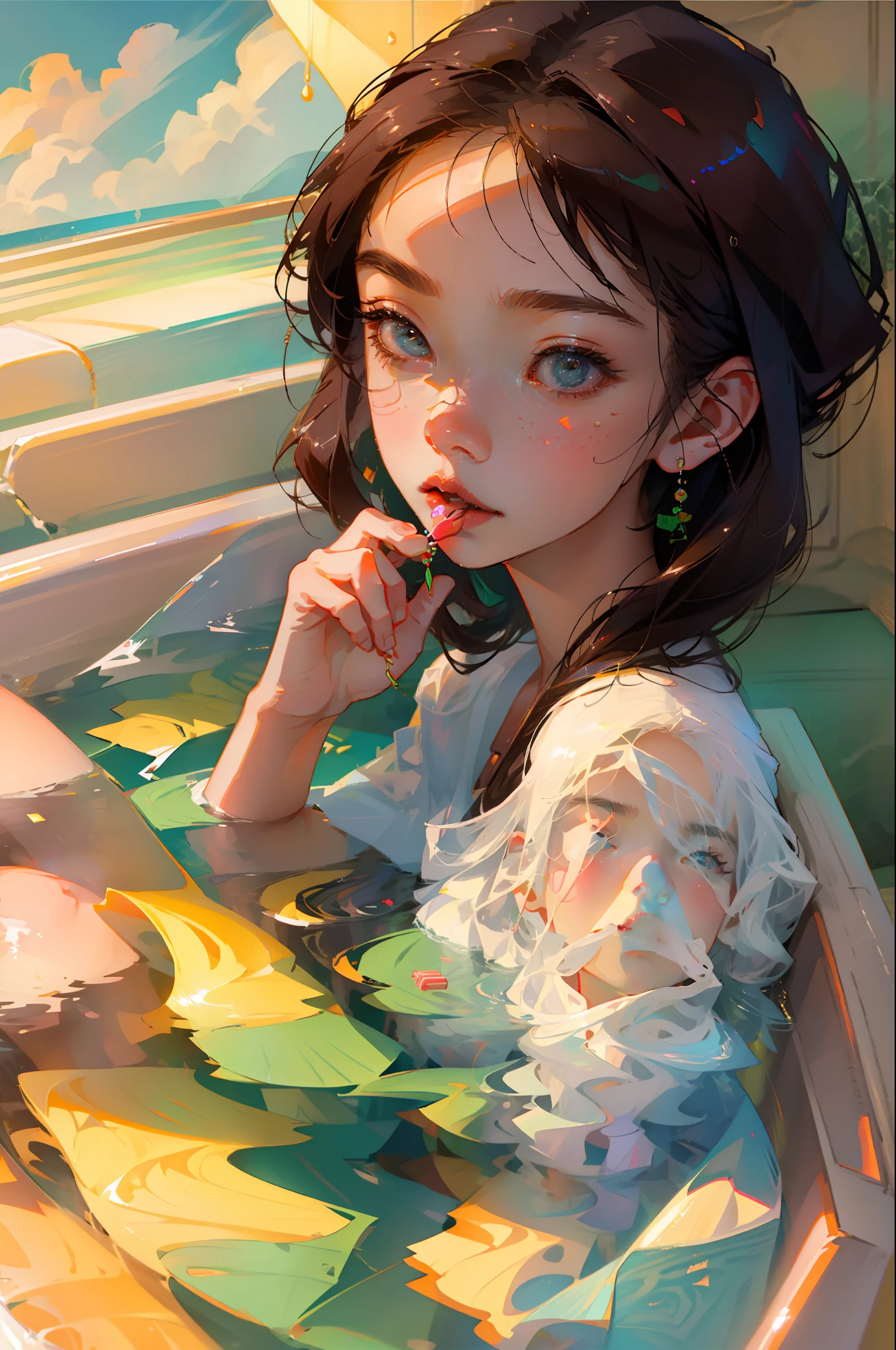 The perfect masterpiece,Highest quality,Perfect artwork,8K, Upper Body Lens,front portrait,Delicate face,Face Close-up, girl in a bathtub with water and lots of apples, (((eating a candy)))), Digital Art,plane illustrations,colorful illustration,minimalist style,anime cartoon style,