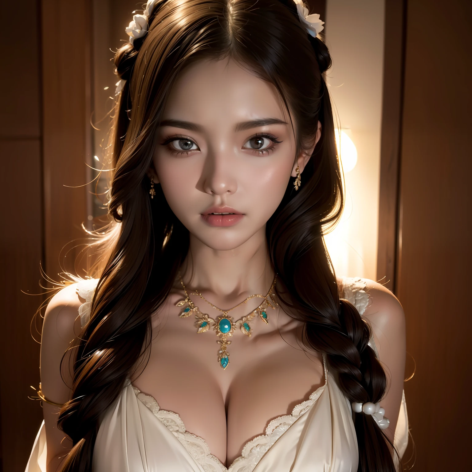 Best quality, masterpiece, high resolution, 1girl, porcelain dress, hair accessories, necklace, jewelry, beautiful face, on the body, Tyndall effect, realistic, dark studio, edge lighting, two-tone lighting, (high detail skin: 1.2), 8k UHD, dslr, soft light, high quality, volumetric light, candid, photo, high resolution, 4k, 8k, background blur,