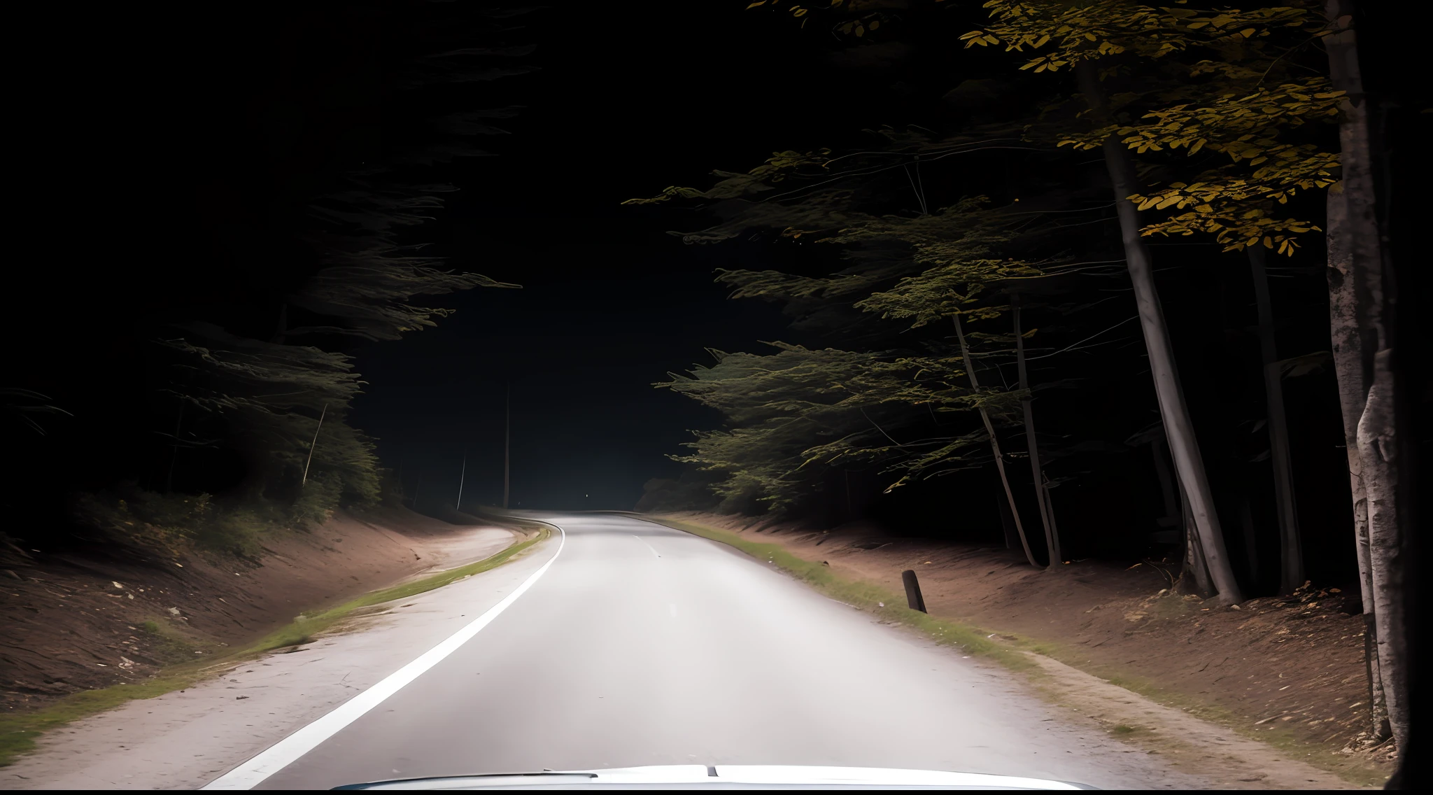 Araft view of a car driving on the road at night, The Dark Road, headlights turned on, In the forest at night, in a forest at night, road in a forest road, taken with a Sony A7R camera, during night, deep forest in the night, road between tall trees, during night, headlights are on