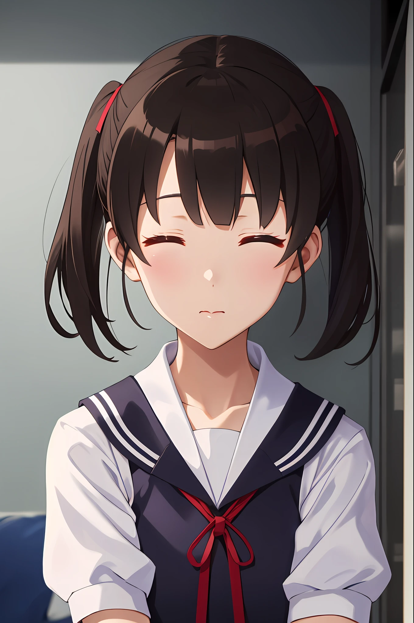 （tmasterpiece：1.6，best qualtiy），（Fine beautiful eyes：1.2），ph_katou，katouhdshort，1girll，Phground，，独奏，brown  hair，校服，with brown eye，pony tails，short detailed hair，By bangs，鎖骨，serafuku，Sailor collar，longer sleeves，inside in room，Keep one's mouth shut，Pout，closing her eyes，Be red in the face，is shy，ribbons，