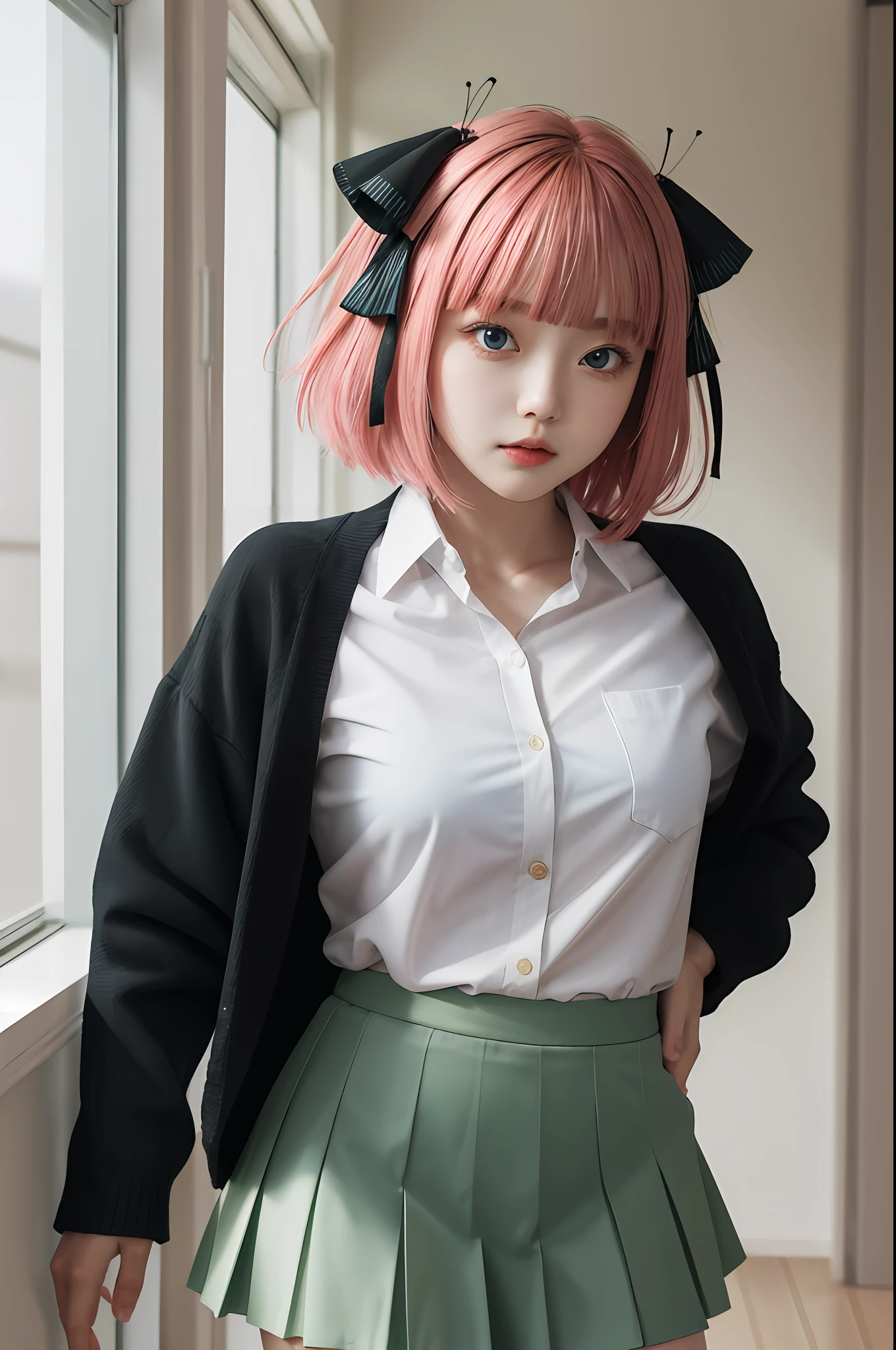 masterpiece, top-quality, Hi-Res, nn1, 1girl in, Hair Ribbon, short-hair, Green skirt, white shirt, Black cardigan, Open your clothes, white thighhig, long-sleeve, cowboy shot, is standing, wave her hand,Pink hair