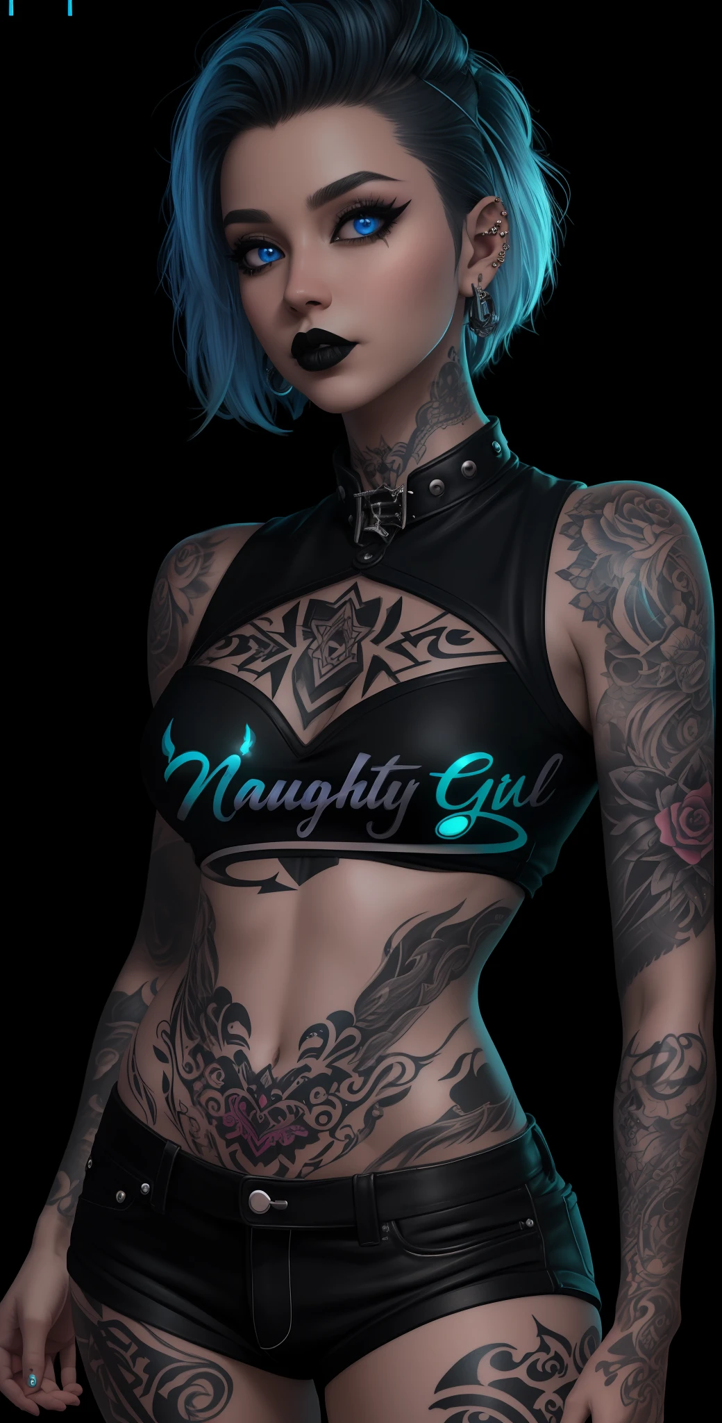 A highly detailed picture of a beautifully tattooed woman, (((the word Naughty tattooed on lower midriff, in calligraphy font))), (((the word naughty written in a glowing tattoo on midriff))), (((the word Naughty tattooed on midriff in reflective ink, glowing in blacklight, glowing tattoos))), posing seductively, looking down at viewer, seductive smirk, short blonde hair, shaved sides, pixie cut, petite, small chest, black eyeliner, black lipstick, piercing blue eyes, detailed eyes, ultra detailed, tattoos, (punk outfit, loose skimpy clothing, revealing), ((detailed background, blacklight rave)), photorealistic, colorful, viewed from front, low angle view, digital art, highly detailed, fine detail, intricate, ornate, complex, octane render, unreal engine, photorealistic, 8k, 16k,