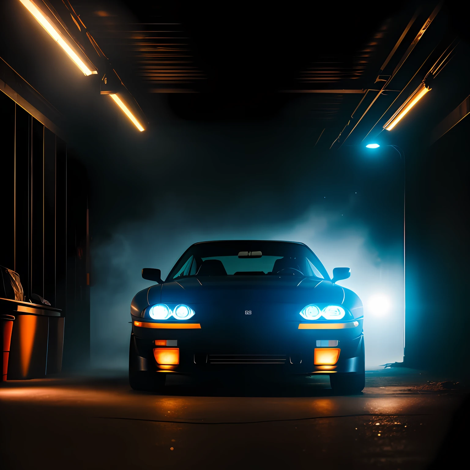 front side photo of matte black mk4Supra in a foggy garage, high quality photo, lens flare, bokeh, 8k resolution, gobo lights, warm ambient light, volumetric light, neon lights, depth of field, analog, foggy atmosphere,  lens flares, light bloom, portra 800 film, --auto