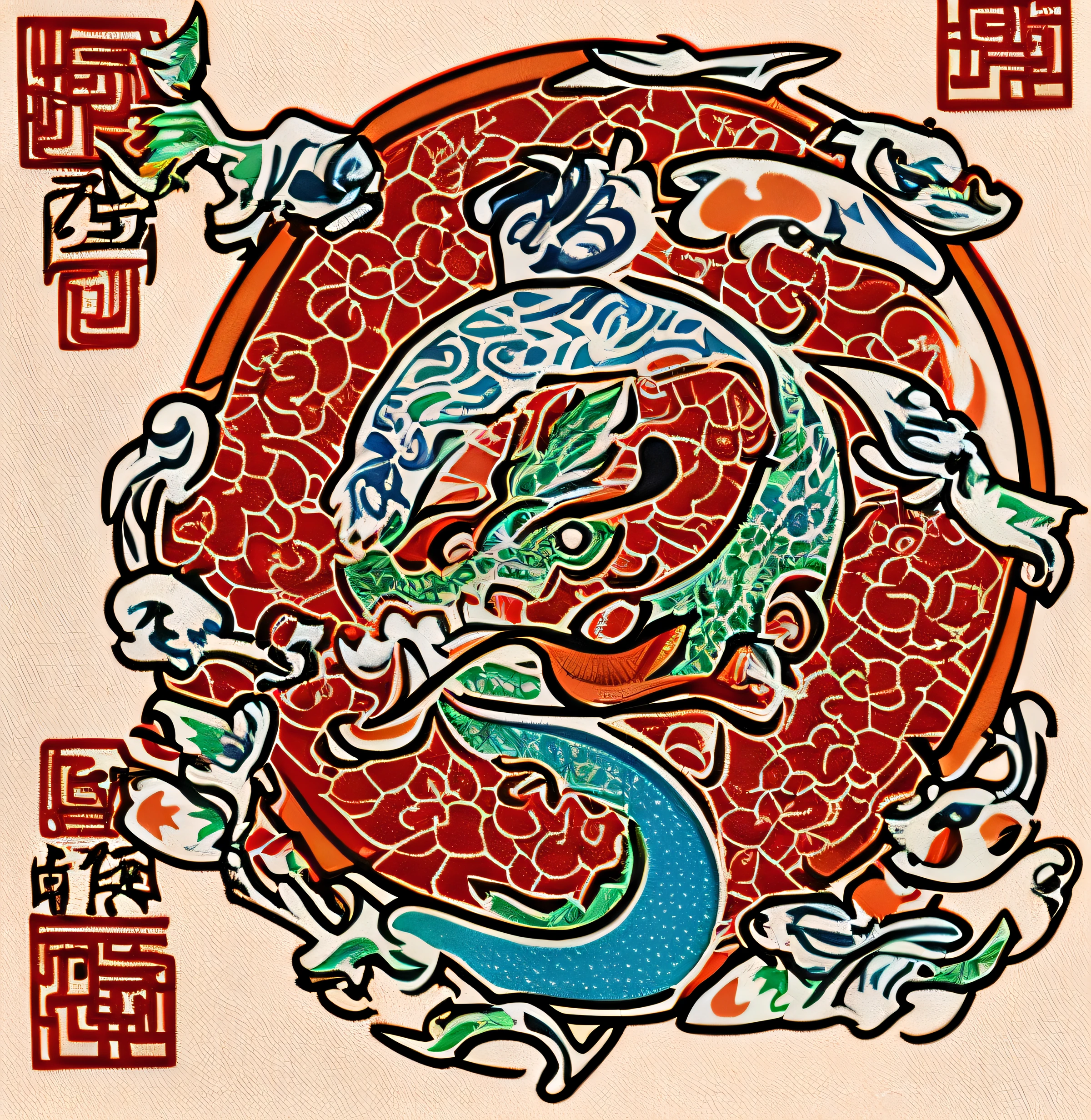 There are many objects of different colors arranged in a circle, artwork in the style of z.Show on the. gu, ancient china art style, Hippi Bo model, Official artwork, Middle Metaverse, Hippebo, teonanacatl glyph, Symmetrical digital illustration, Traditional folk art style, Symmetrical decoration, Close up of long tailed dragon on white background, Chinese Dragon, smooth chinese dragon, dragon design language, Red Dragon, Red Dragon, chinese dragon engrave, Majestic Chinese dragon, inspired by Shūbun Tenshō, a dragon made of clouds, Chinese traditional, Chinese，(Colorful Z-style artwork,(ancient Chinese painting Style，Hippi Bo model，official art works)，Spring Festival atmosphere,Festival symmetrical digital illustration，Traditional folk art style，(((tmasterpiece))), best quality, ((Chinese paper cutting))