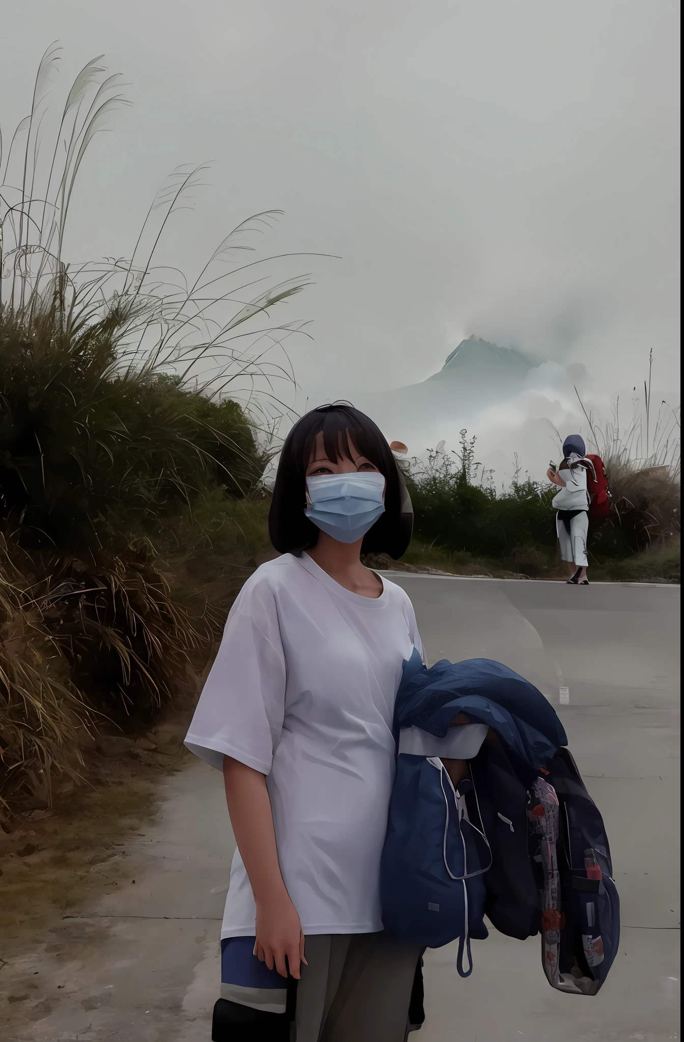 There was a woman wearing a mask and a backpack, In the volcano, in volcano, surgical mask covering mouth, wearing face mask, haze over the shoulder shot, standing close to volcano, wearing face mask, Wearing a mask, panoramic view of girl, wearing dirty travelling clothes, ominous figure in the background, chiho, Mutan in the background without panties and no clothes leaking chest