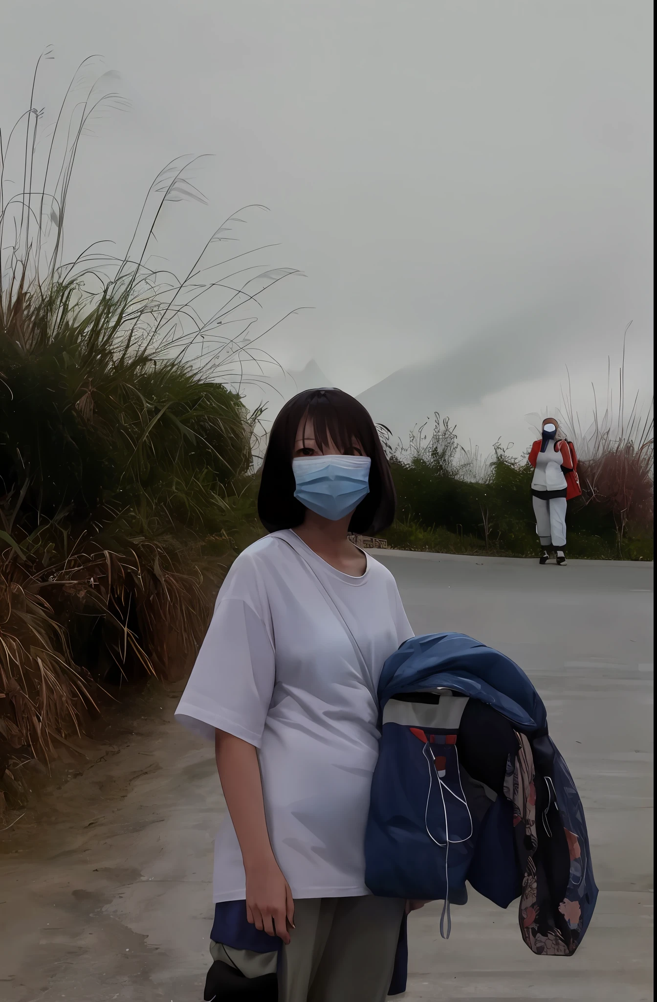 There was a woman wearing a mask and a backpack, In the volcano, in volcano, surgical mask covering mouth, wearing face mask, haze over the shoulder shot, standing close to volcano, wearing face mask, Wearing a mask, panoramic view of girl, wearing dirty travelling clothes, ominous figure in the background, chiho, Mutan in the background without panties and no clothes leaking chest