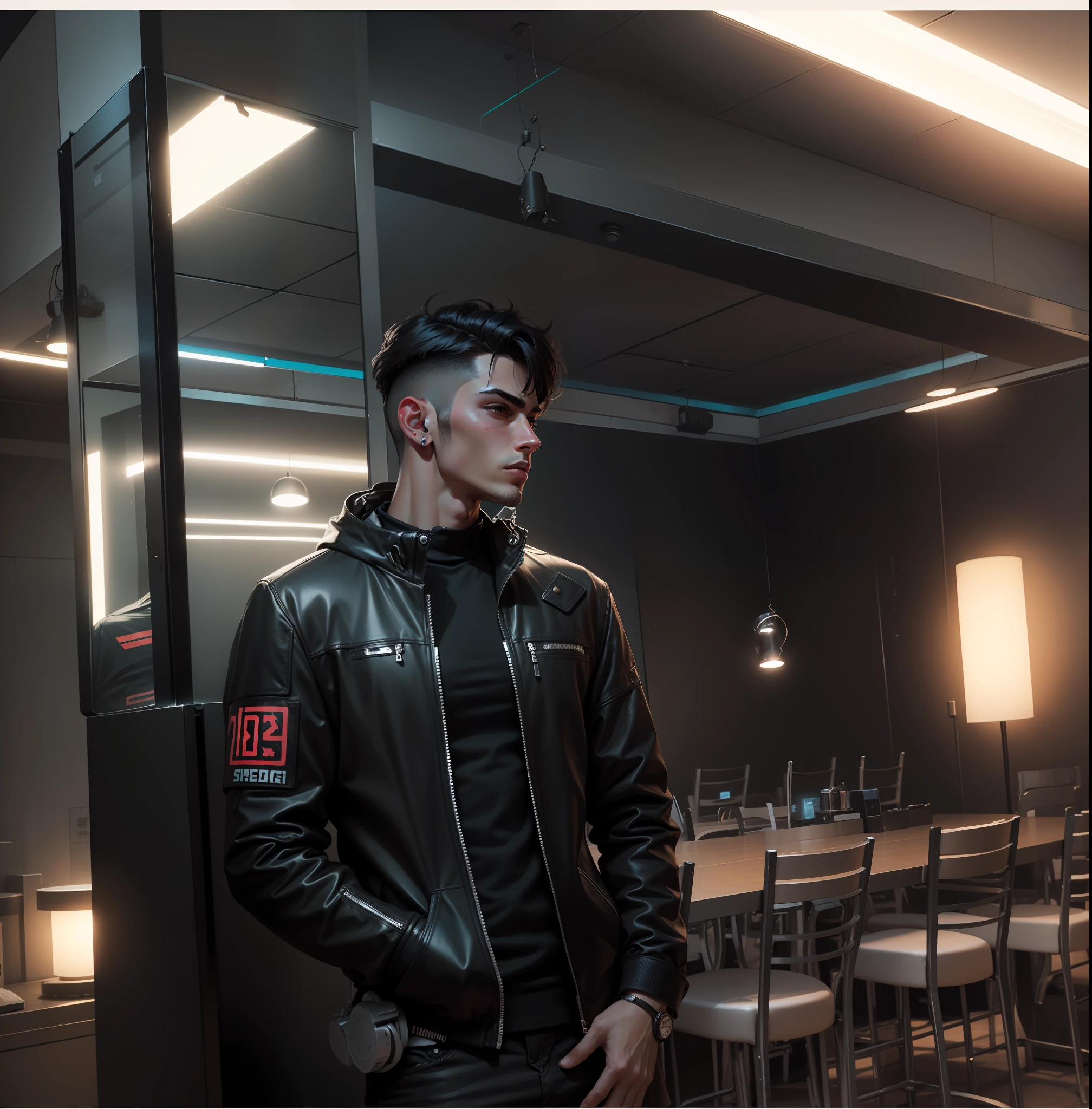 Change background cyberpunk handsome boy real stice face, round circle in background, long hair style,