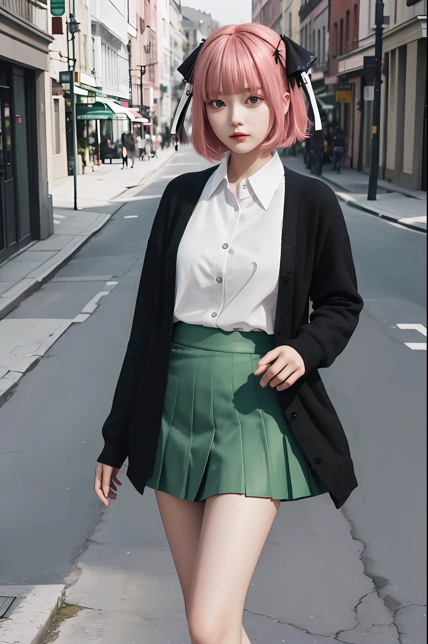 ​masterpiece, top-quality, Hi-Res, nn1, 1girl in, Hair Ribbon, short-hair, Green skirt, white  shirt, Black cardigan, Open your clothes, white thighhig, long-sleeve, cowboy  shot, is standing, wave her hand,Pink hair