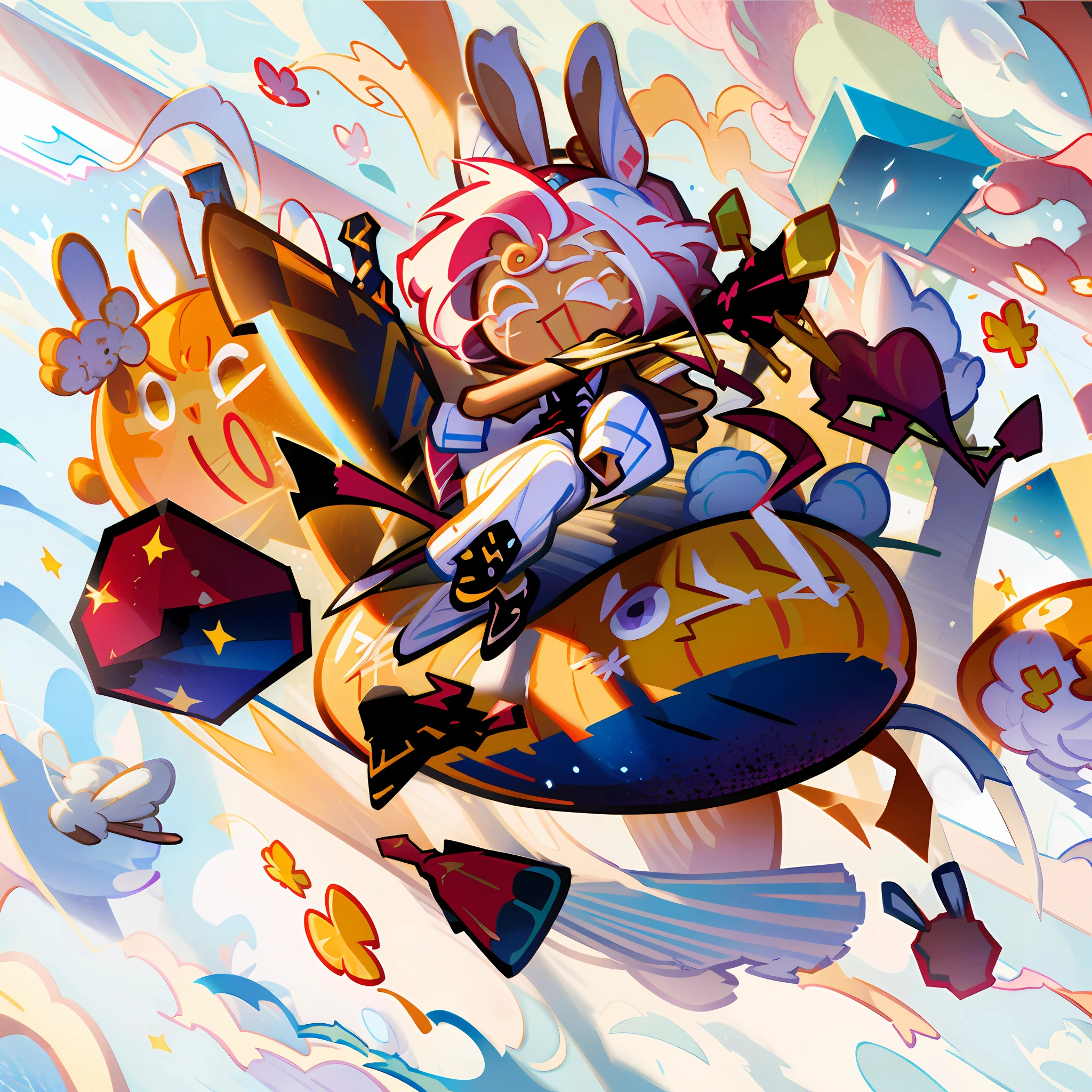 best quality, illustration, 1 boy, based on White Rabbit candy,Rabbit ears, white Cheongsam ,White pumpkin pants with red and Blue accents, messy, Medium length Cream colored Hair,pose((jumping excitedly holding a Hammer)), white background,, simple background, cookierun, solo, chibi, full body