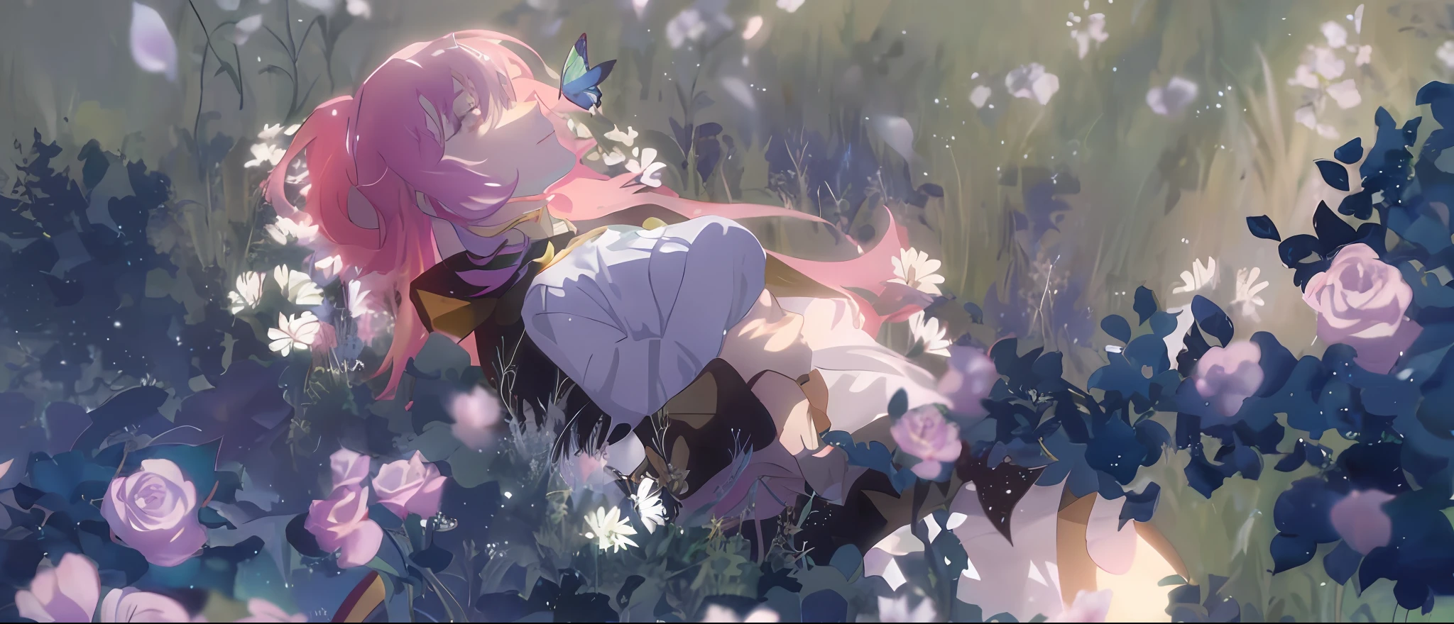 Anime girl lying in flower field with butterfly, anime beautiful peace scene, ethereal anime, dreamy psychedelic anime, Guviz-style artwork, beautiful anime scenes, Guviz, beautiful fantasy anime, daytime ethereal anime, Today's featured anime stills, screenshot from the anime film, Beautiful anime, in a field of flowers, Atmospheric anime, nightcore