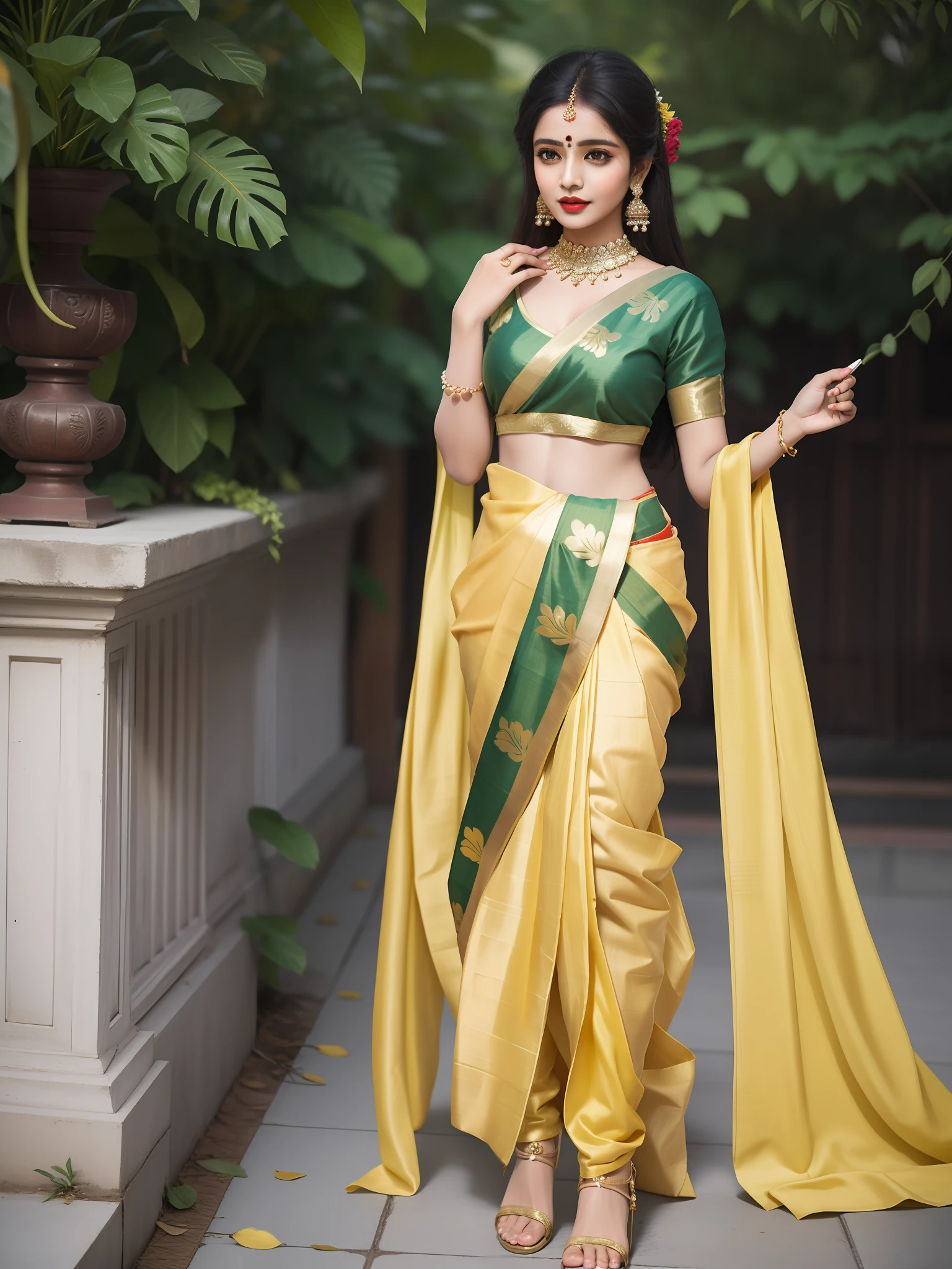 a woman in a yellow and red sari, traditional beauty, inspired by T. K. Padmini, with lovely look, wearing bihu dress mekhela sador, assamese aesthetic, dressed in a sari, assamese, by T. K. Padmini, wearing a sari, wearing sari, very beautiful photo, traditional makeup