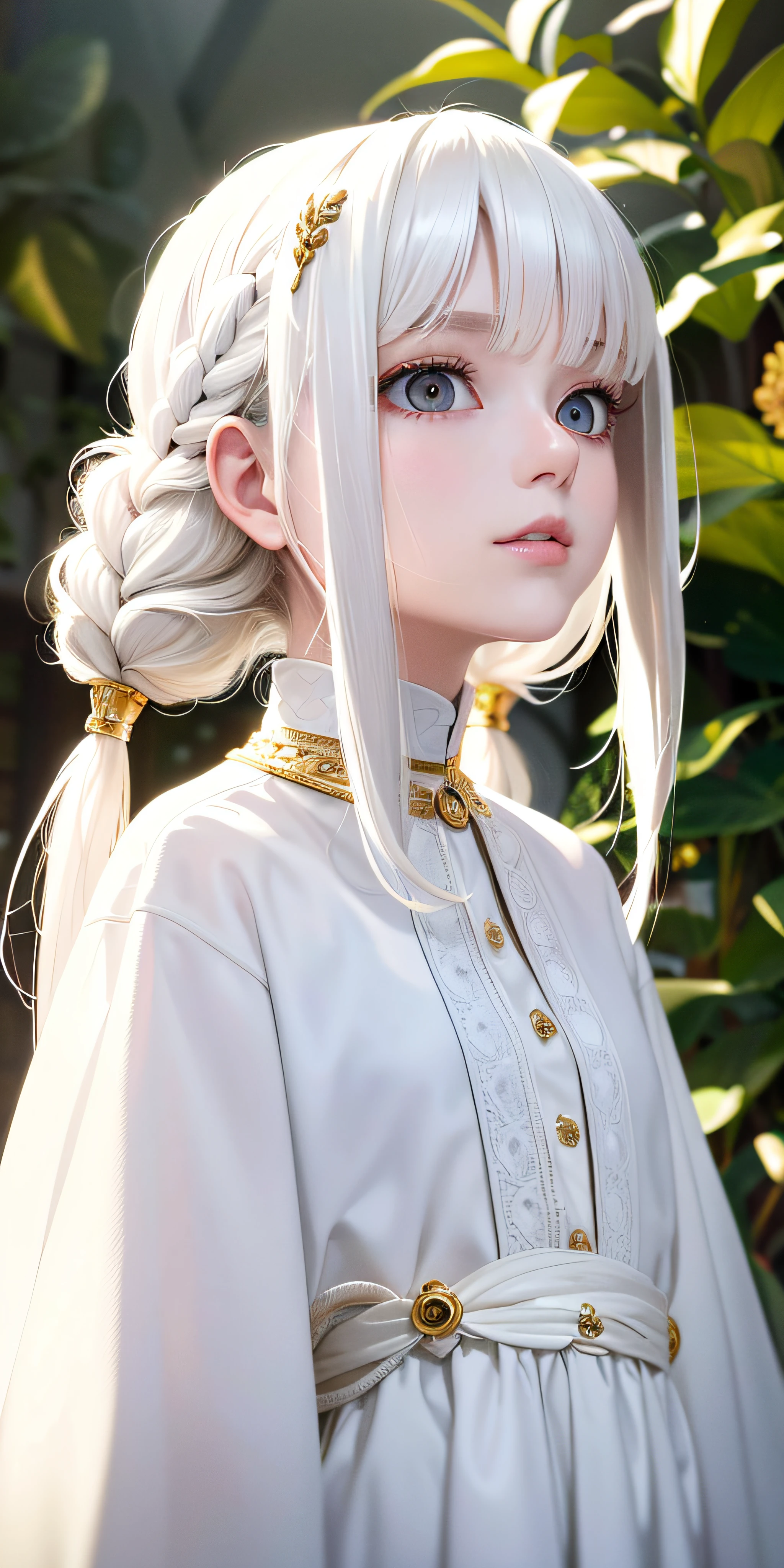 best quality, masterpiece,white hair, gold eyes,white clothes, looking up, upper body,hair strand,Fair skin,side braids