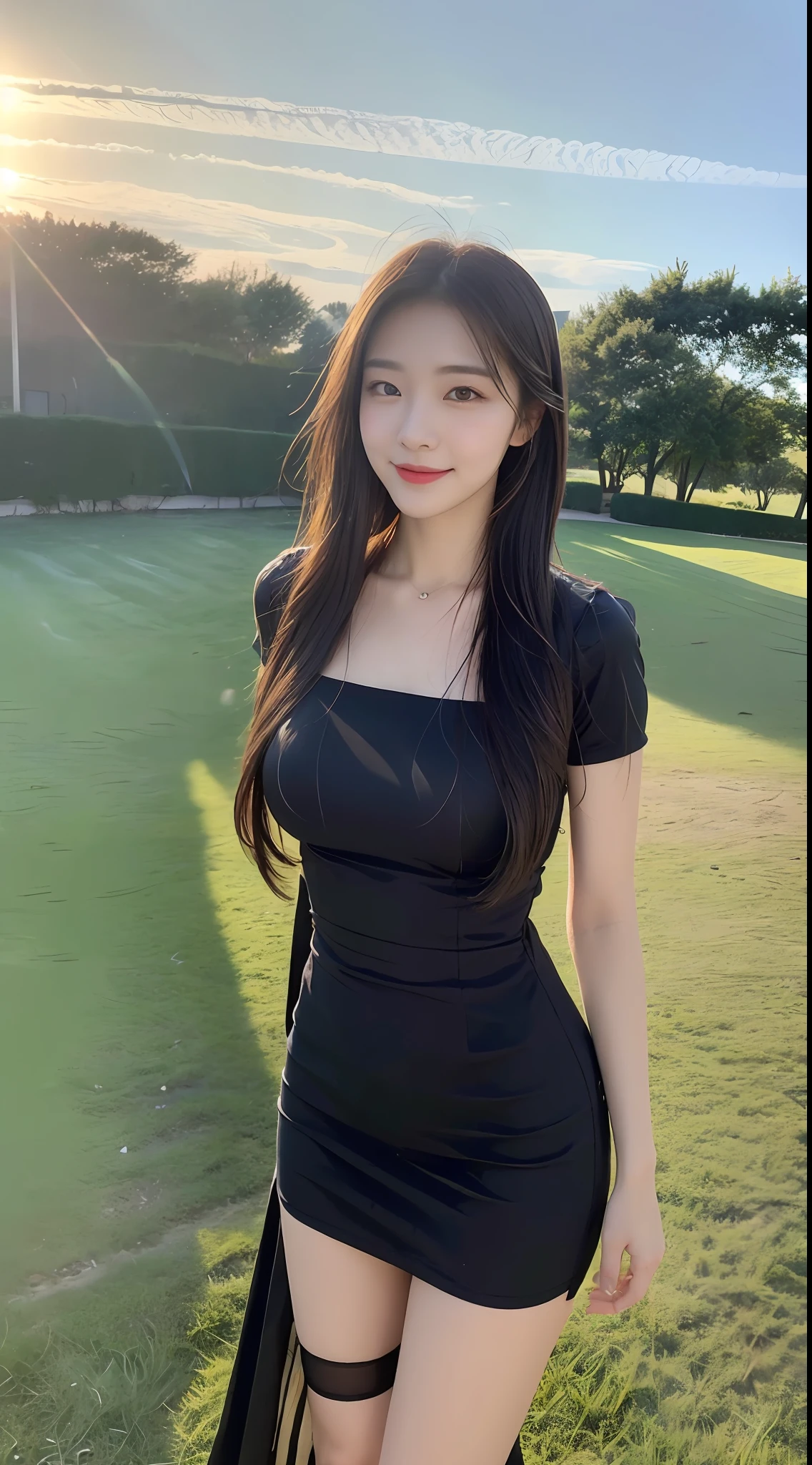 (1 Korean star with royal sister style), ((Best quality, 8K, 巨作: 1.3)), focal point: 1.2, Perfect body proportions: 1.4, (Make a smile), (Sunset: 1.3),  Watery eyes, Highly Detailed Face and Skin Textur, Fine eyes, Double eyelids, Whitens the skin, (long whitr hair, Air bangs: 1.3), (Round face inches: 1.5),HD black leg stockings (Dress 1.4), （Sketch 1:2，） （grassy fields，suns，​​clouds，Tano，farms，starlights，footpath）