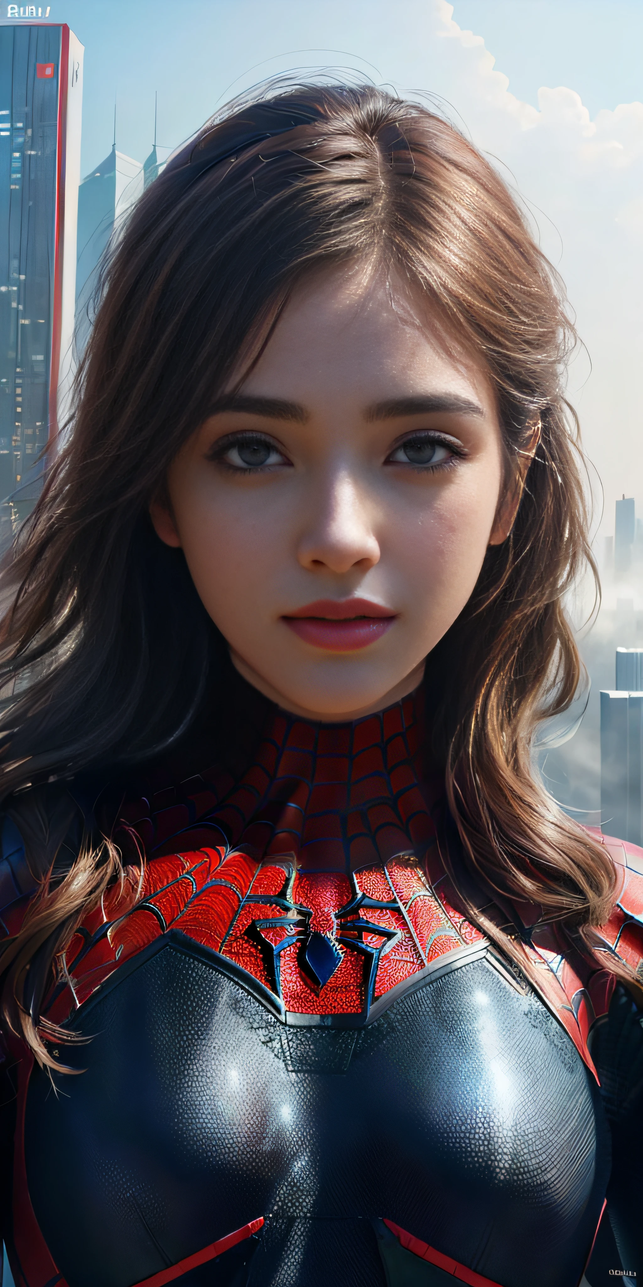 (1girl:1.3), Solo, (((Very detailed face)))), ((Very detailed eyes and face)))), Beautiful detail eyes, Body parts__, Official art, Unified 8k wallpaper, Super detailed, beautiful and beautiful, beautiful, masterpiece, best quality, original, masterpiece, super fine photo, best quality, super high resolution, realistic realism, sunlight, full body portrait, amazing beauty, dynamic pose, delicate face, vibrant eyes, (from the front), She wears Spider-Man suit, red and black color scheme, spider, very detailed city roof background, rooftop, overlooking the city, detailed face, detailed complex busy background, messy, gorgeous, milky white, highly detailed skin, realistic skin details, visible pores, clear focus, volumetric fog, 8k uhd, DSLR, high quality, film grain, fair skin, photo realism, lomography, futuristic dystopian megalopolis, translucent