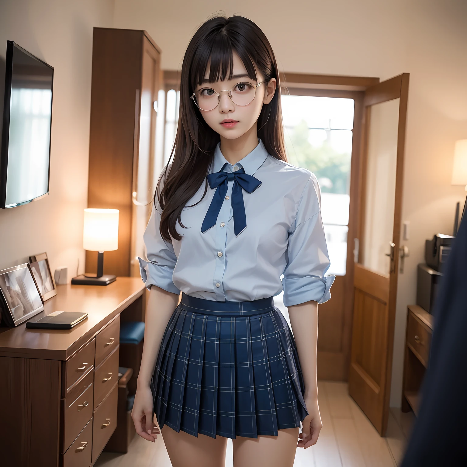 (8K、Raw photography、top-quality、masterpiece:1.2),full body Esbian,masterpiece,top-quality、超A high resolution,Raw photo,ren,Beautiful fece,shorth hair,One Person, 独奏,eye glass,,Dark look,Small breasts,fullllbody,Round glasses、cute little、A Japanese Lady,is standing,(Tight eyes,Bullish,skinny,Rasping,irate,small tits,flat breast)、(Photorealsitic:1.37)、Photon mapping,Light blue ribbon,Realistic、Cute little face,Brown-eyed、Black socks、Red bow tie、Radio City、Physically Based Rendering、Foreground、depth of fields、Blurry background、a picture,The girls、Body, Long legs, Thin leg, poneyTail,(Bangs are visible), hair, s lips, Blue_The eye, nosesoft, Light blue shirt, Navy blue and blue and white plaid pleated skirt, Sheer clothing,, Thigh, Black cotton socks,Nogizaka Idol, 女優, Japanese ido