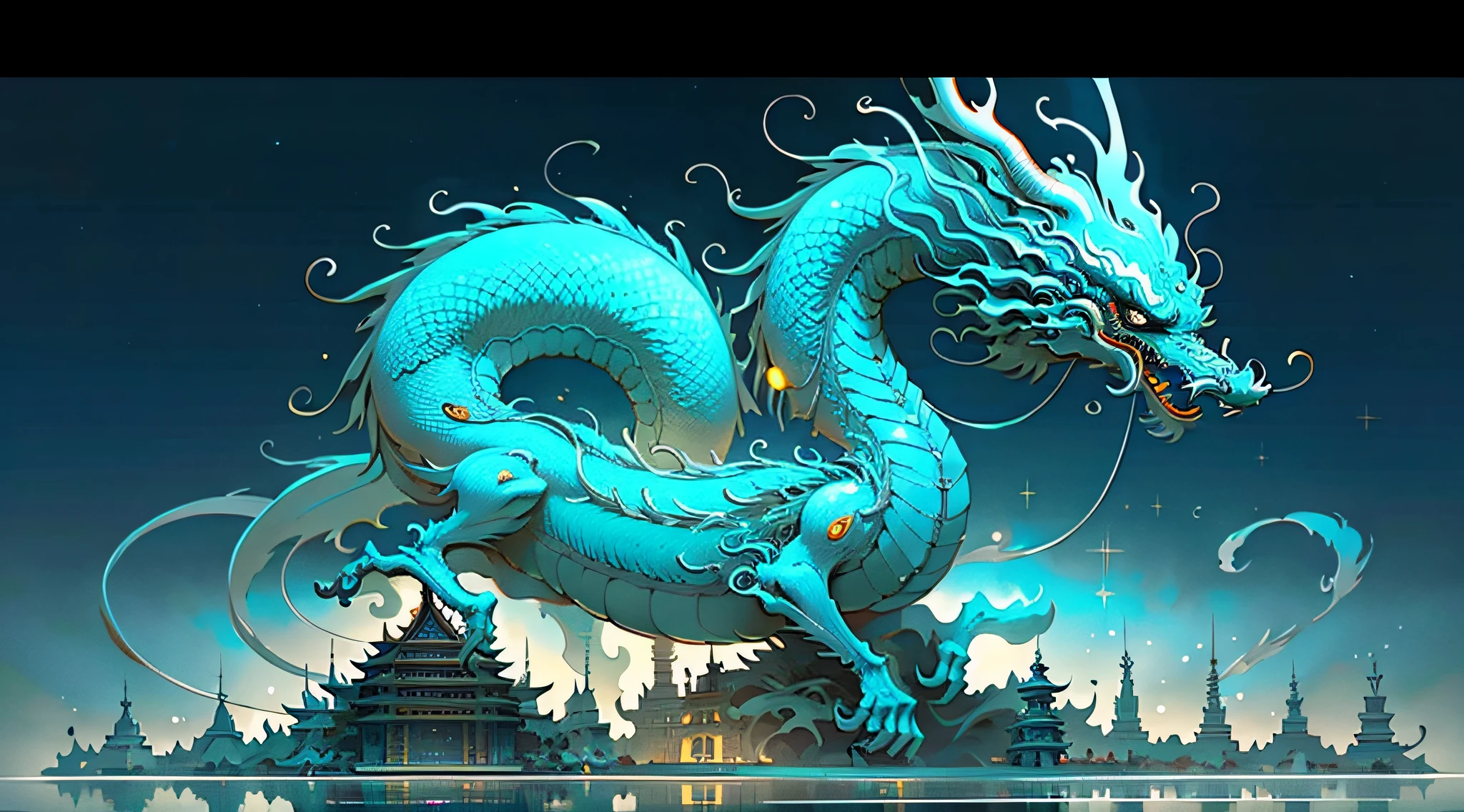 (masterpiece, best_quality, ultra-detailed, immaculate:1.3), epic, illustration, (long:1.2), eastern dragon, "the Dystopian Temple, Luminescent"