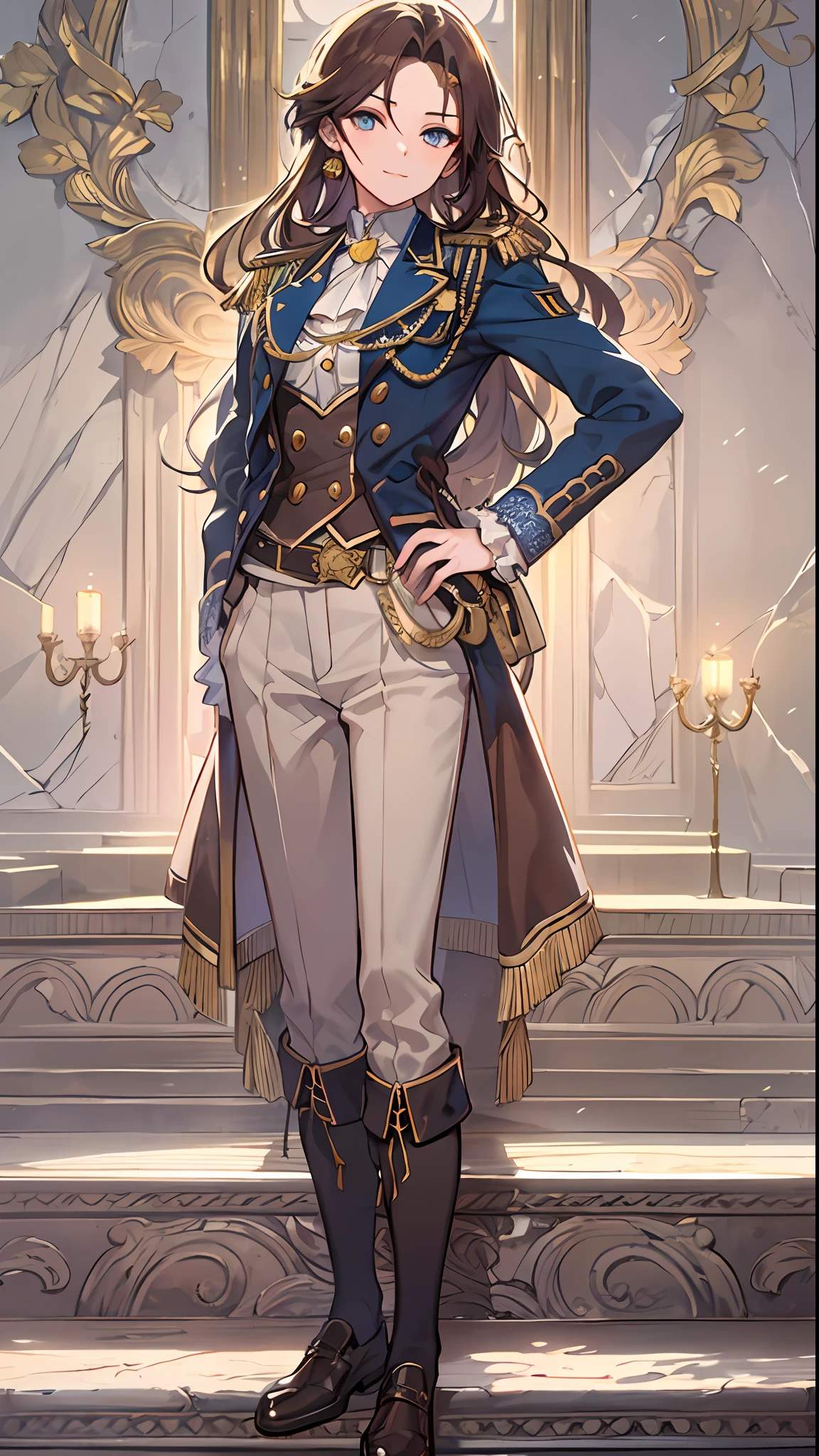 (masterpiece, top quality, best quality, official art, high resolution, distinct_image), 1girl, colorful, detailed, stunning woman, high detail, soft features, soft skin, Hamilton the Musical inspired, half body, small forehead, short forehead, long hair, slighty messy soft brown hair, middle parted hair with loose strands, hazel eyes, 24 years old, young, wearing 1800s american revolutionary colonel uniform, tan pants, wearing an open dark/navy blue military jacket with golden epaulettes on the shoulders, detailed face, mesmerizing beautiful perfect eyes, asian eyes, asian and caucasian descendant features, she looks determined, small smile, 8k, intricate, Soft lighting, detailed dark academia victorian background, blue theme