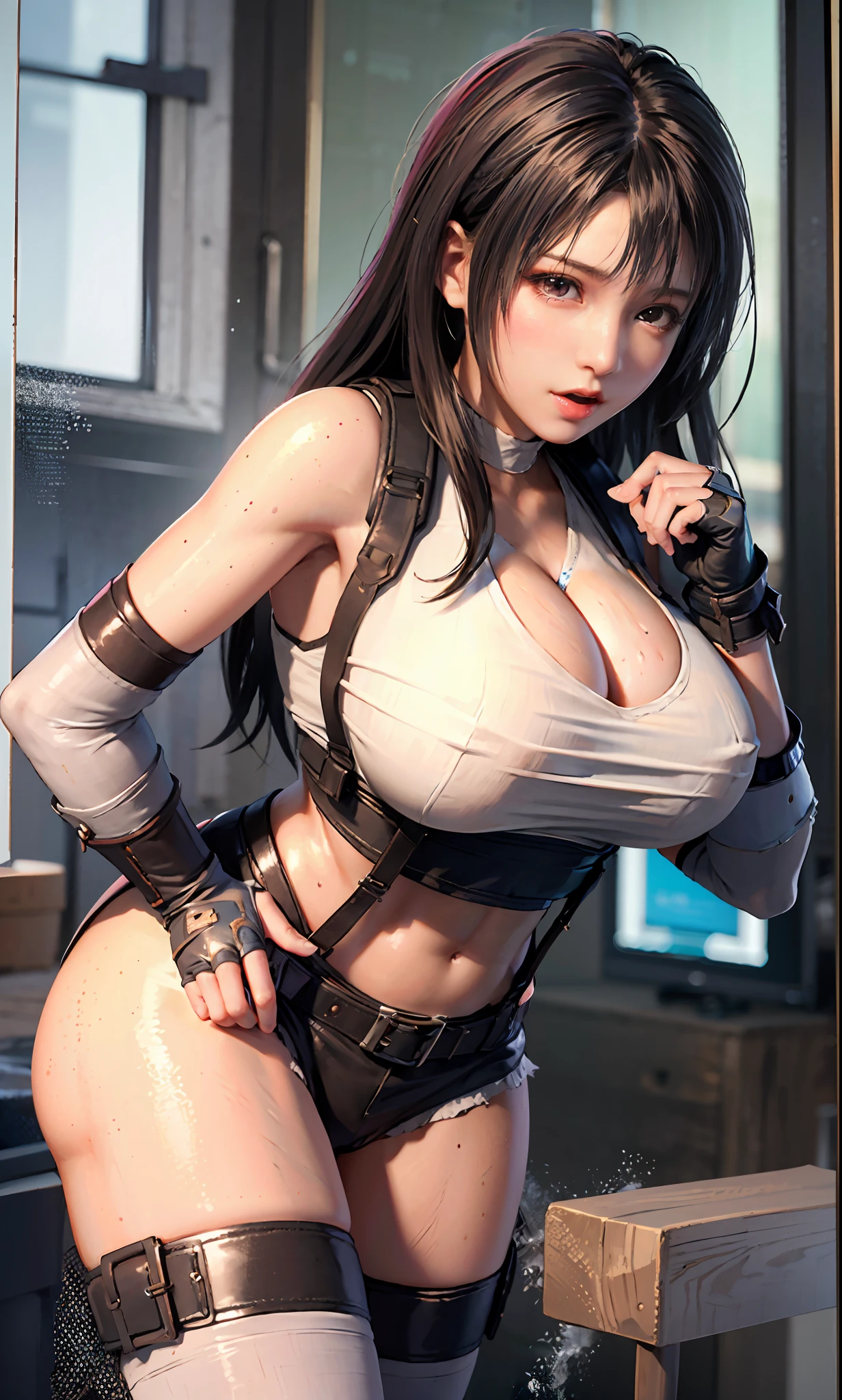 Unreal Engine 5 Realistic Render, (masterpiece, best quality), intricate details, ((Best quality)), ((masterpiece)), ((realistic)), (hyperrealism:1.2), (fractal art:1.2), 
1girl, tifa lockhart original costume, white crop top, arm guards, fingerless gloves, suspenders, pleated miniskirt, black thighhighs, red boots 
extreme detailed eyes, colorful, highest detailed, 
vibrant colors, high contrast,
(8K UHD:1.2), (photorealistic:1.2), beautiful face, top body is hyperrealistic thicc muscle and hyper largest_breasts!! with the type of boobs_melons, lower is huge buttocks, wet shiny body