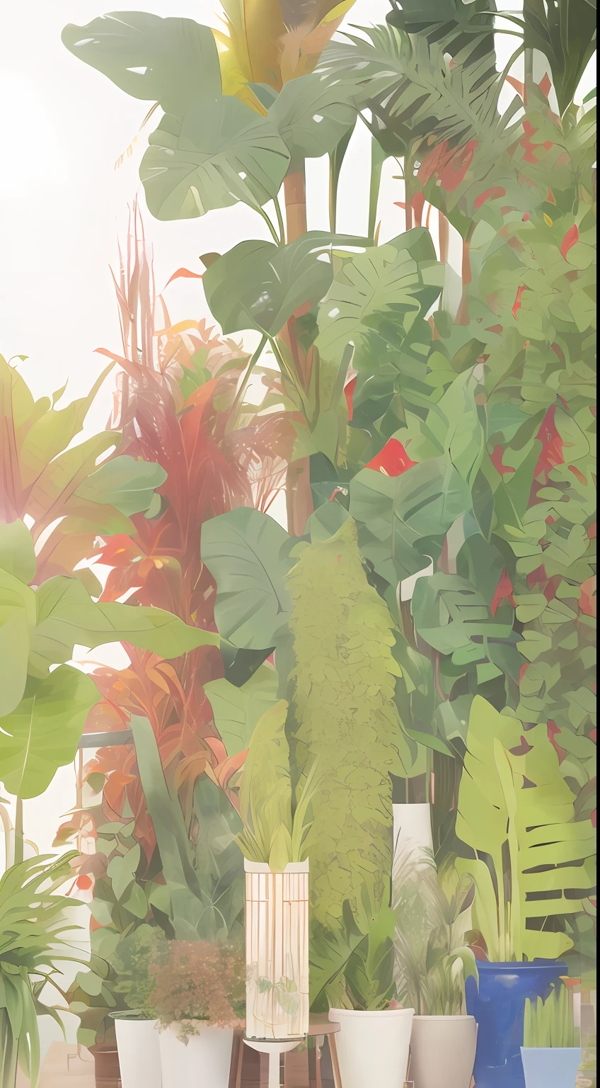 (The garden is filled with a wide variety of plants：Green and red trees and plant leaves，Verdant and tall vegetation，In glass tubes are planted forest and tropical plants and flowers。Plants dot every corner of the jungle，Make this artwork more colorful。)