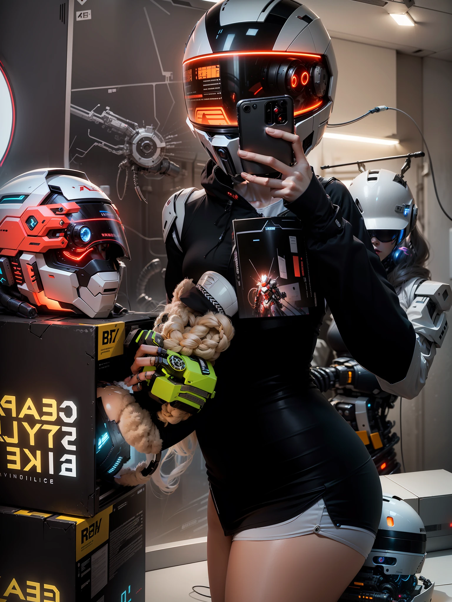 Sexy Cyber Warrior,Long flowing blonde hair,White cyberpunk high-tech mech costume,White cyberpunk faceless helmet,Biomechanicals, MSHN Robot Woman,High-tech helmet,hyper realisitc, Steel, Complex design, insanely details, finely detailled, Extremely clear lines, cinmatic lighting, photograph realistic, A detailed masterpiece