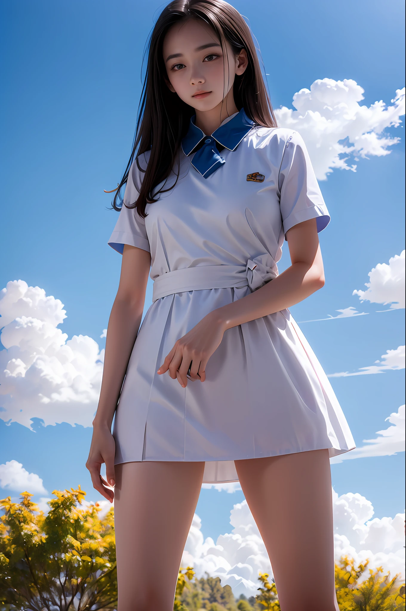 Masterpiece,(Best quality:1.3),超高分辨率,RAW photo,Detailed skin,Beautiful lighting,(Realistic, photo-realistic:1.4),
1girll,school_woman,full body ,(Blue skies:1.5),