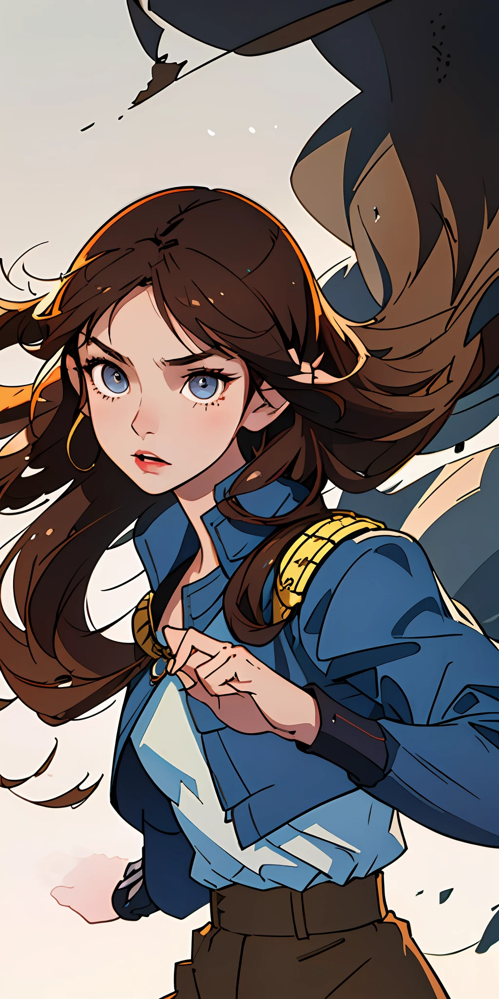 (masterpiece, top quality, best quality, official art, high resolution, distinct_image), 1girl, colorful, detailed, god, stunning woman, high detail, soft features, soft skin, Hamilton the Musical inspired, half body, small forehead, short forehead, long (chest length) messy soft brown hair, middle parted hair with loose strands, dark brown hair that is slightly pulled back and pinned out of her face in a simple way but still down, hazel eyes, 24 years old, young, wearing 1775 historically accurate american revolutionary colonel uniform with tan pants and a open dark/navy blue military jacket with golden epaulettes on the shoulders, detailed face, perfect eyes, asian eyes, asian and caucasian descendant features, 8k, intricate, Soft lighting, pretty background