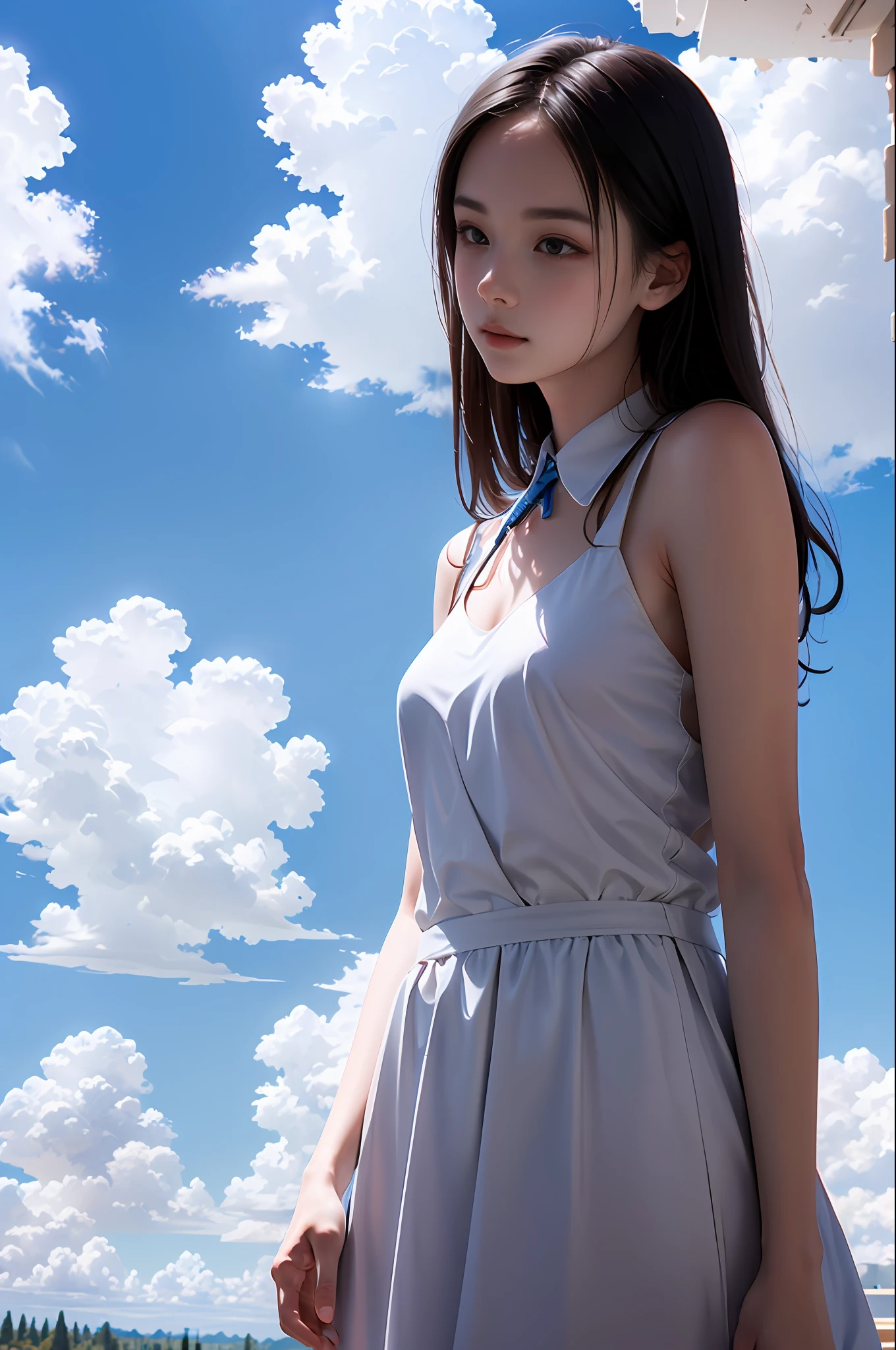 Masterpiece,(Best quality:1.3),超高分辨率,RAW photo,Detailed skin,Beautiful lighting,(Realistic, photo-realistic:1.4),
1girll,school_woman,full body ,(Blue skies:1.5),