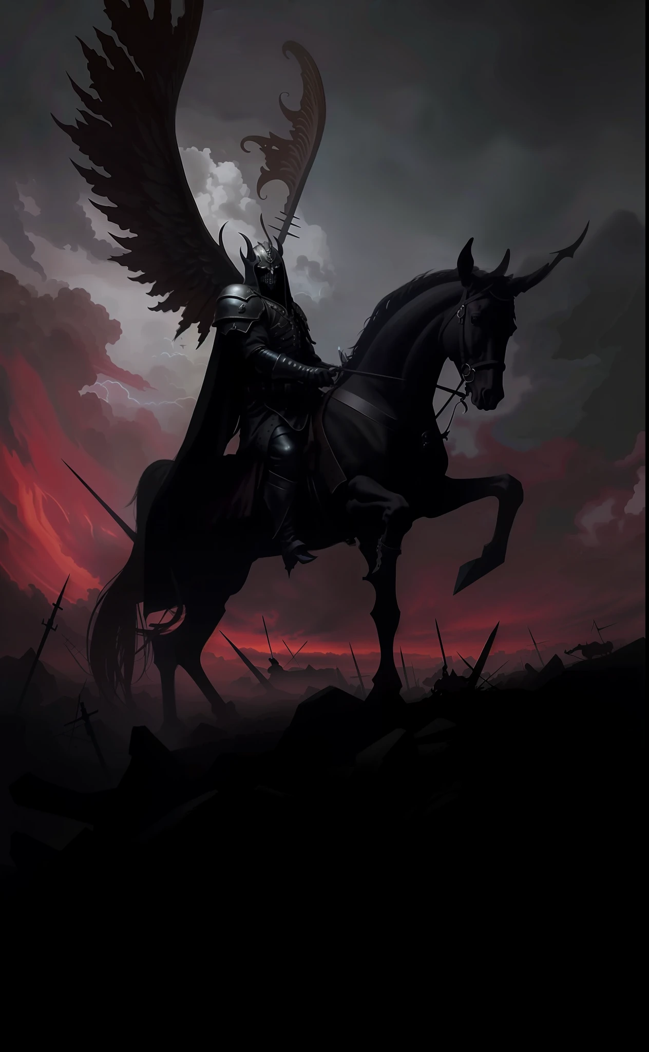 a drawing,The painting shows a man riding a horse with wings, archaon the everchosen, Undead Wing Hussars, Horseman of Apocalypse, Dark fantasy oil painting, Just the art of dark metal music, angel of death, wraiths riding in the sky, dark souls concept art, author:Karl Kopinski, dark fantasy artwork, cinematic fantasy painting