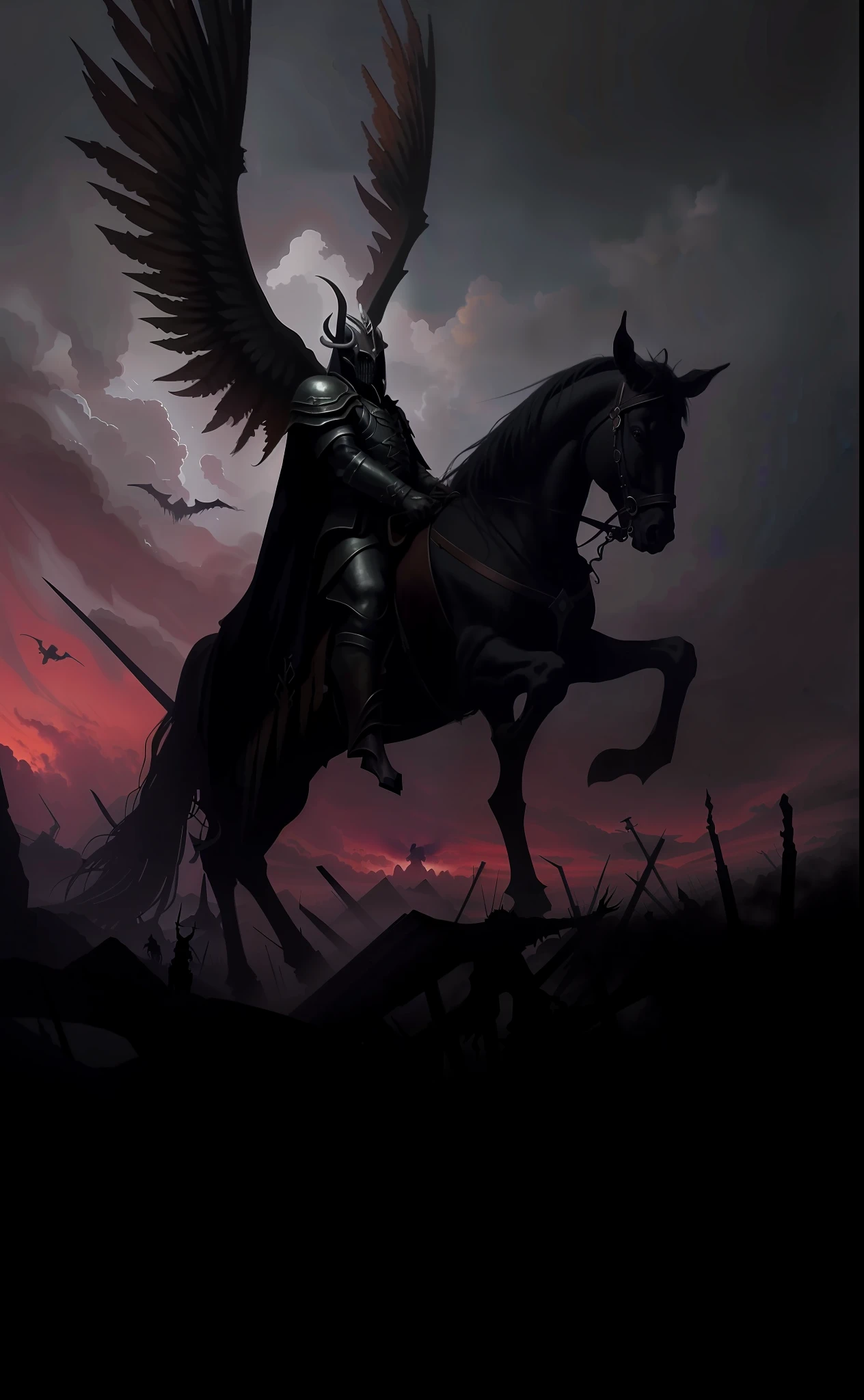 a drawing,The painting shows a man riding a horse with wings, archaon the everchosen, Undead Wing Hussars, Horseman of Apocalypse, Dark fantasy oil painting, Just the art of dark metal music, angel of death, wraiths riding in the sky, dark souls concept art, author:Karl Kopinski, dark fantasy artwork, cinematic fantasy painting