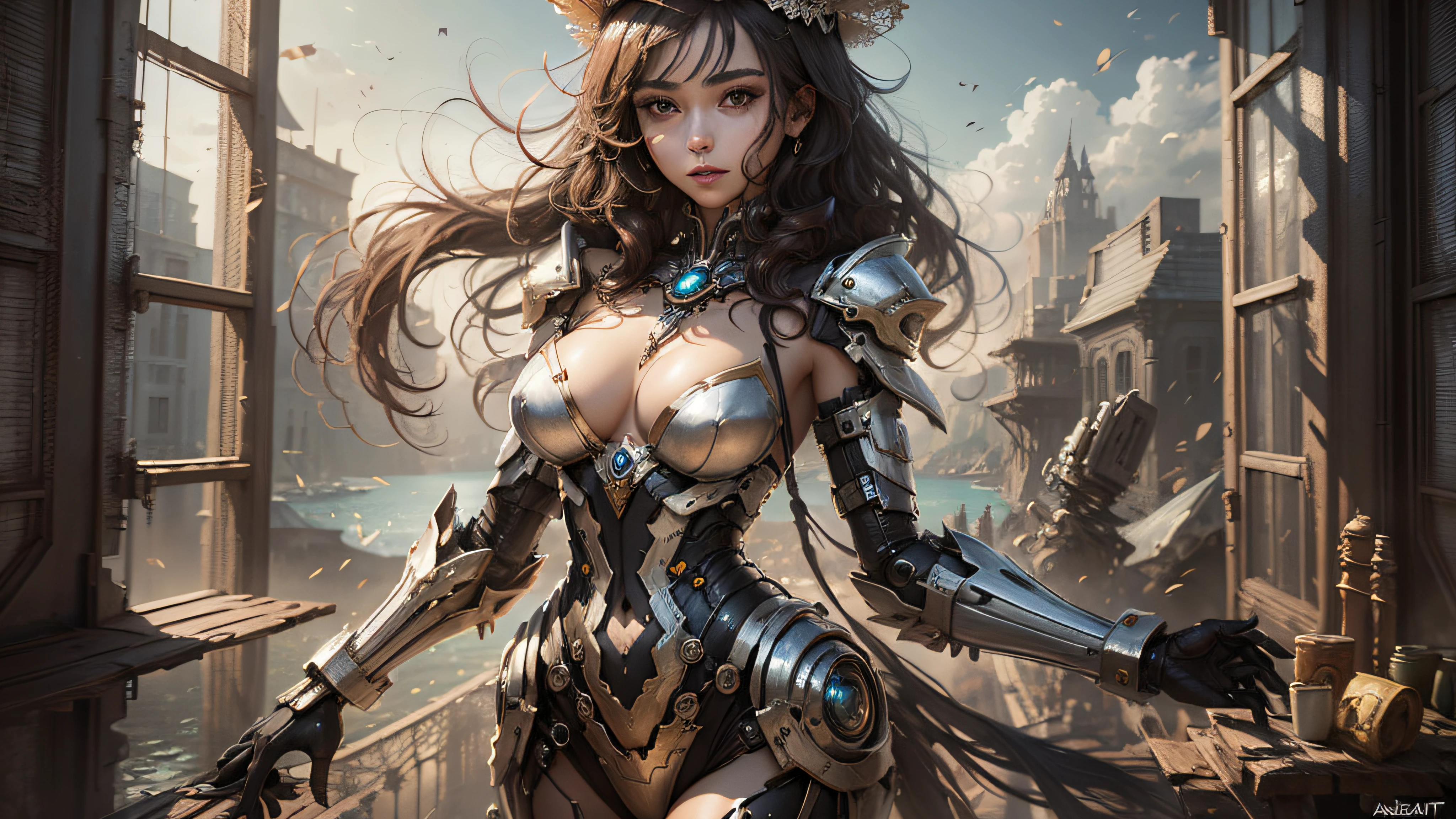 A Helder Arte desenho AI da SeaArt, that AI artistic creativity in an easy and uncomplicated way, Beautiful and ornamental hat, corpo inteiro, vestido lindo e decotado, corpo escultural, mecha de metal, desgastado,