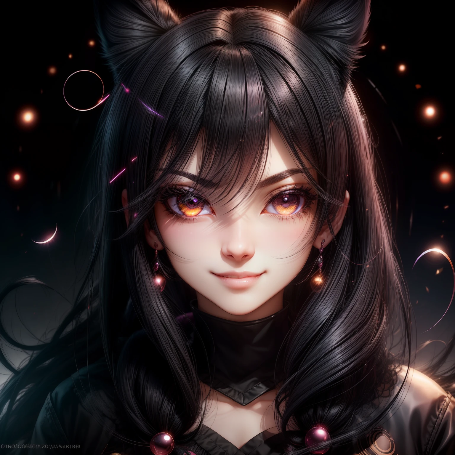 black hair, hair bobbles, wince, longeyelashes, solid circle eyes, fake animal ears, light smile, ear blush, fang, Surrealism, drop shadow, anaglyph, stereogram, tachi-e, pov, atmospheric perspective, 8k, super detail, ccurate, best quality, high details --auto