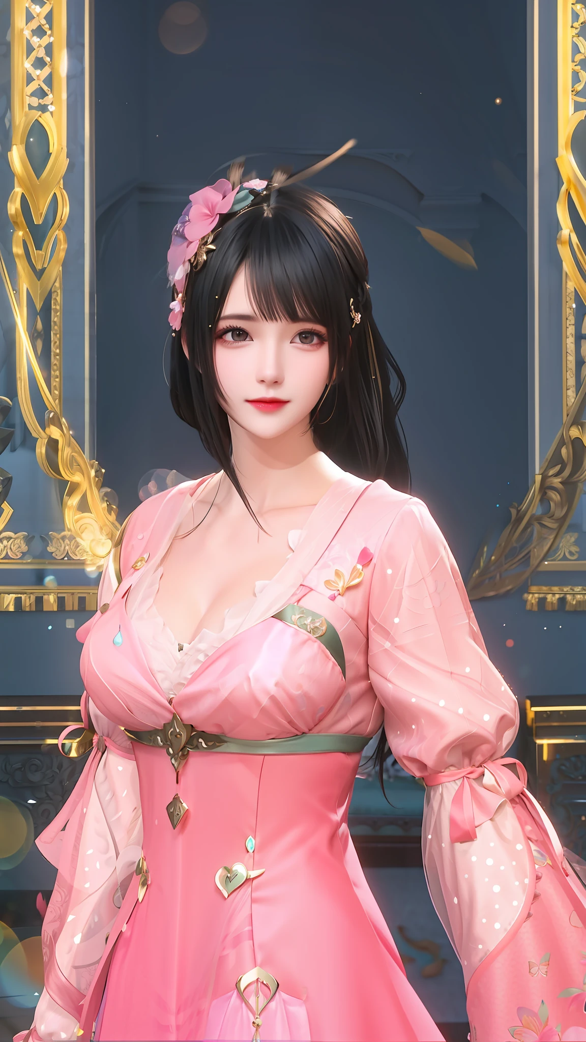 brunette color hair，hair adornments，Quiet，Royal sister，Beautuful Women，Full of aura，Pink coat，illuminating，Frankness，photore，A high resolution，4K，8K，Bokeh，